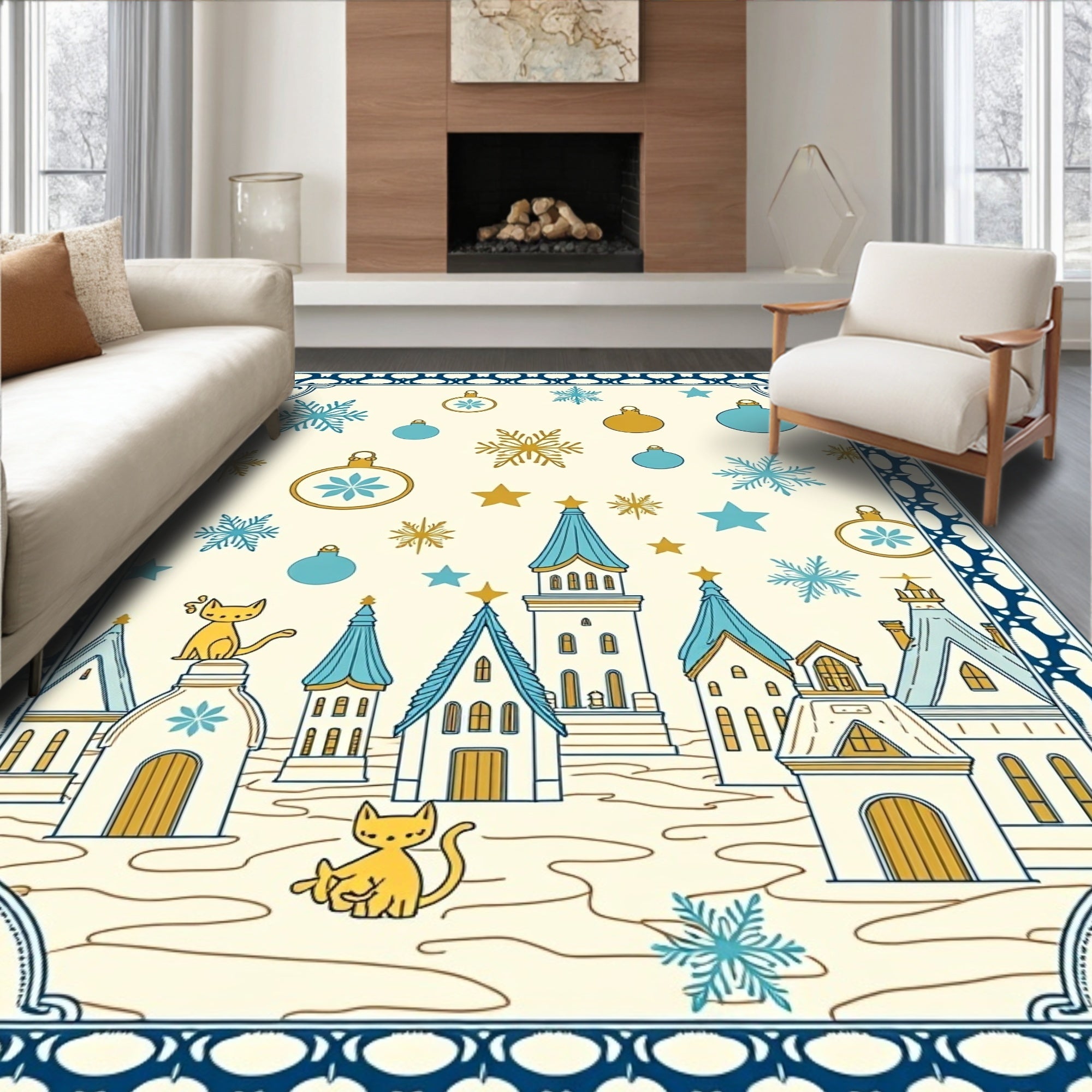 Whimsical Golden Cat Cozy Winter Village Rug