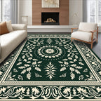 Dark Green Ivory Floral Scroll Medallion Rug