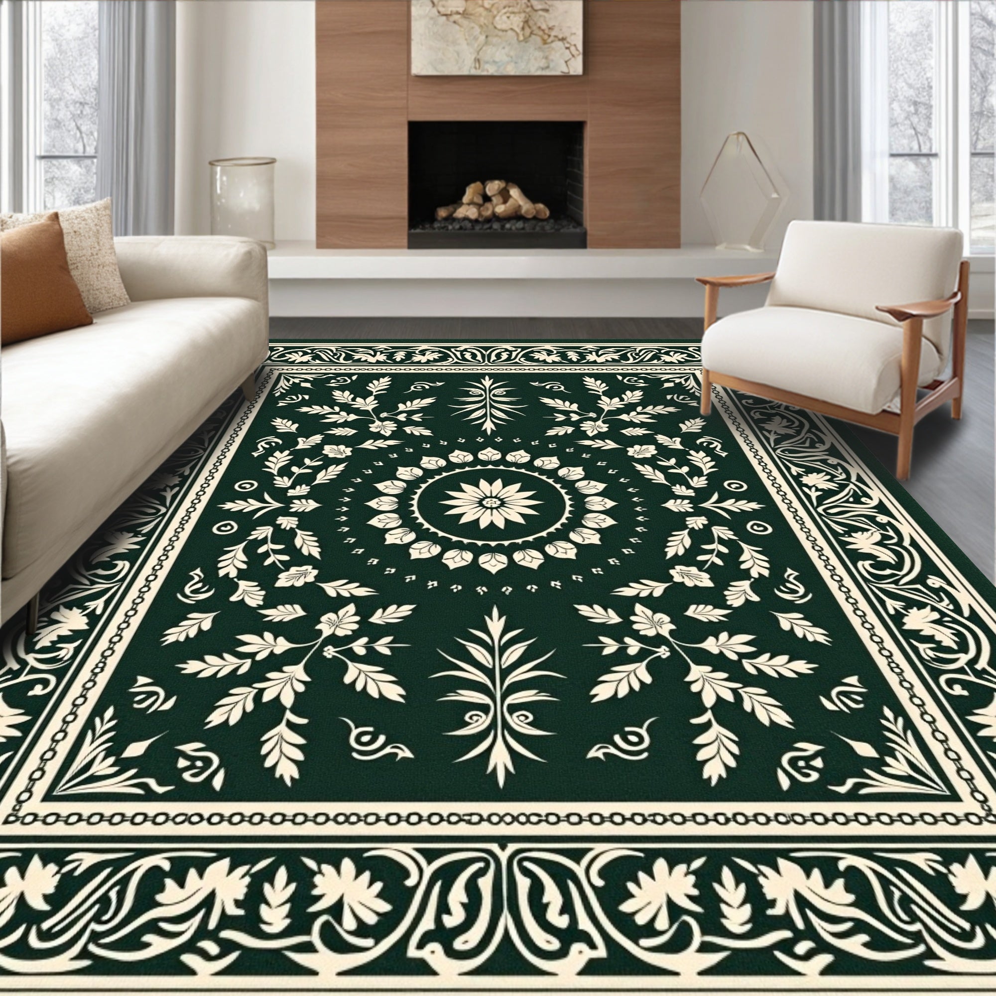 Dark Green Ivory Floral Scroll Medallion Rug