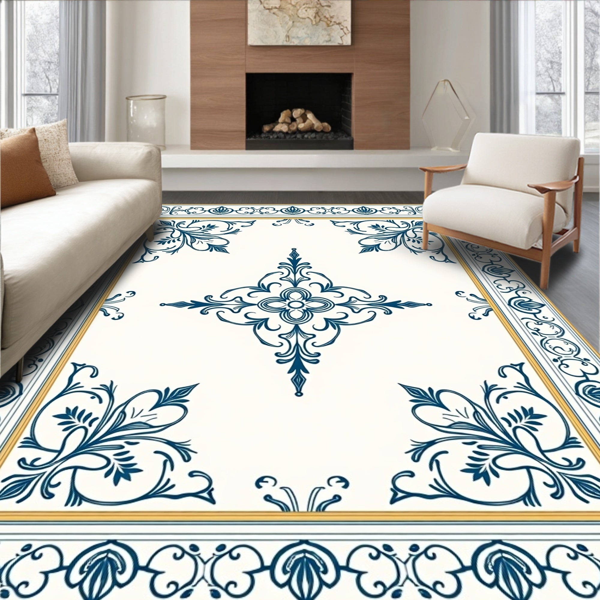 Classic Navy Floral Centered Square Rug