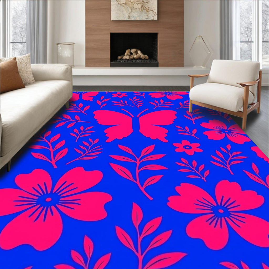 Vibrant Pink Butterfly Floral Garden Rug