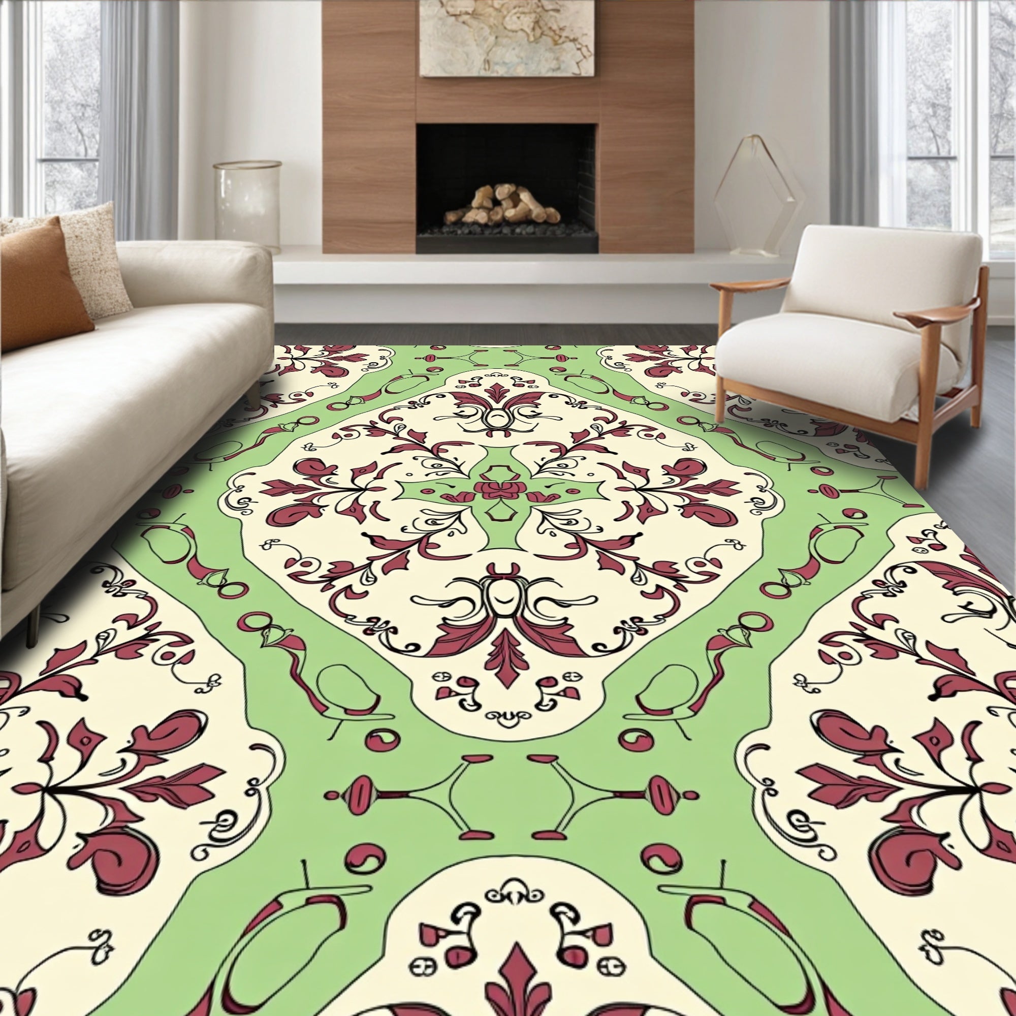 Ornate Red Floral Lattice Cream Rug