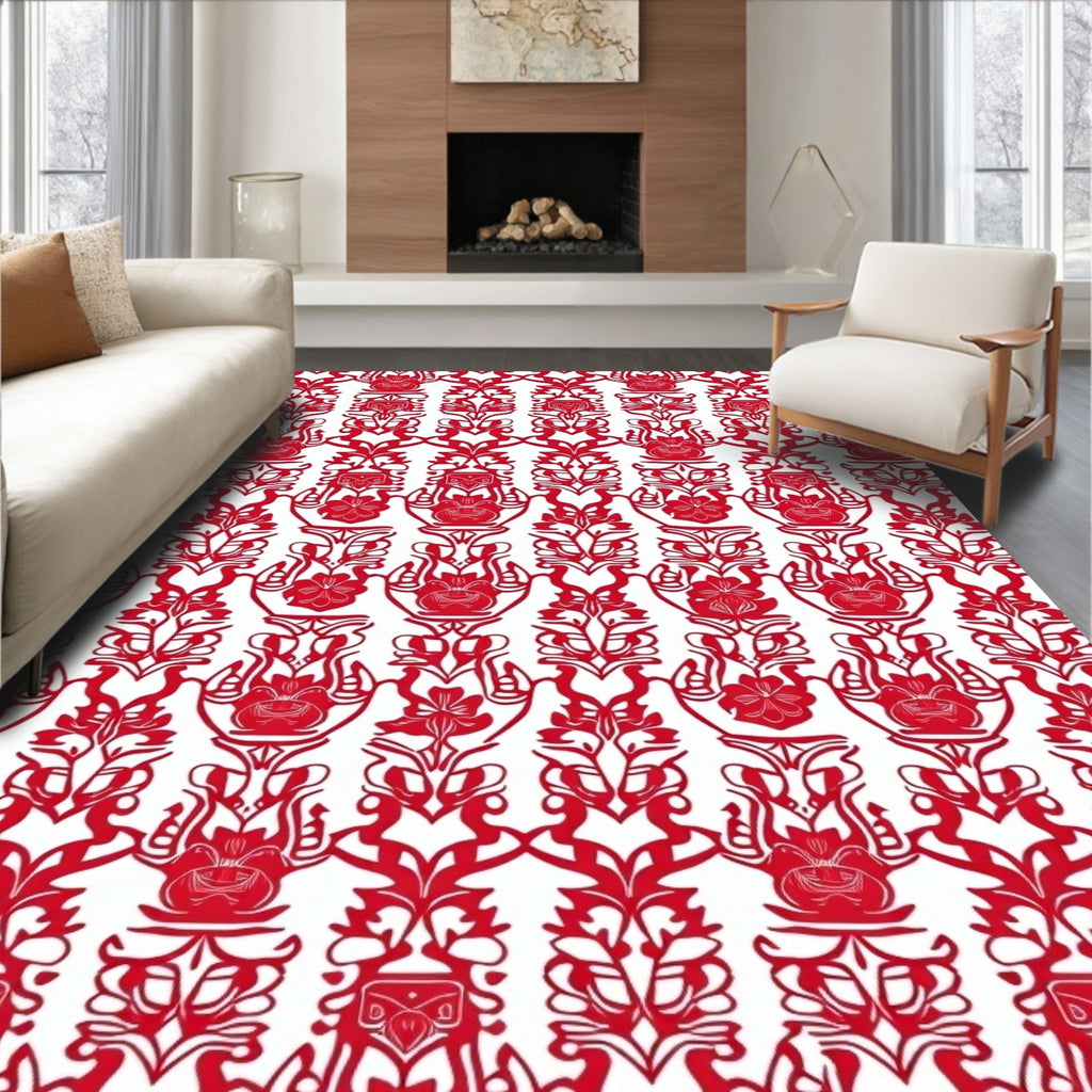 Crimson Floral Vining Symmetry Rug