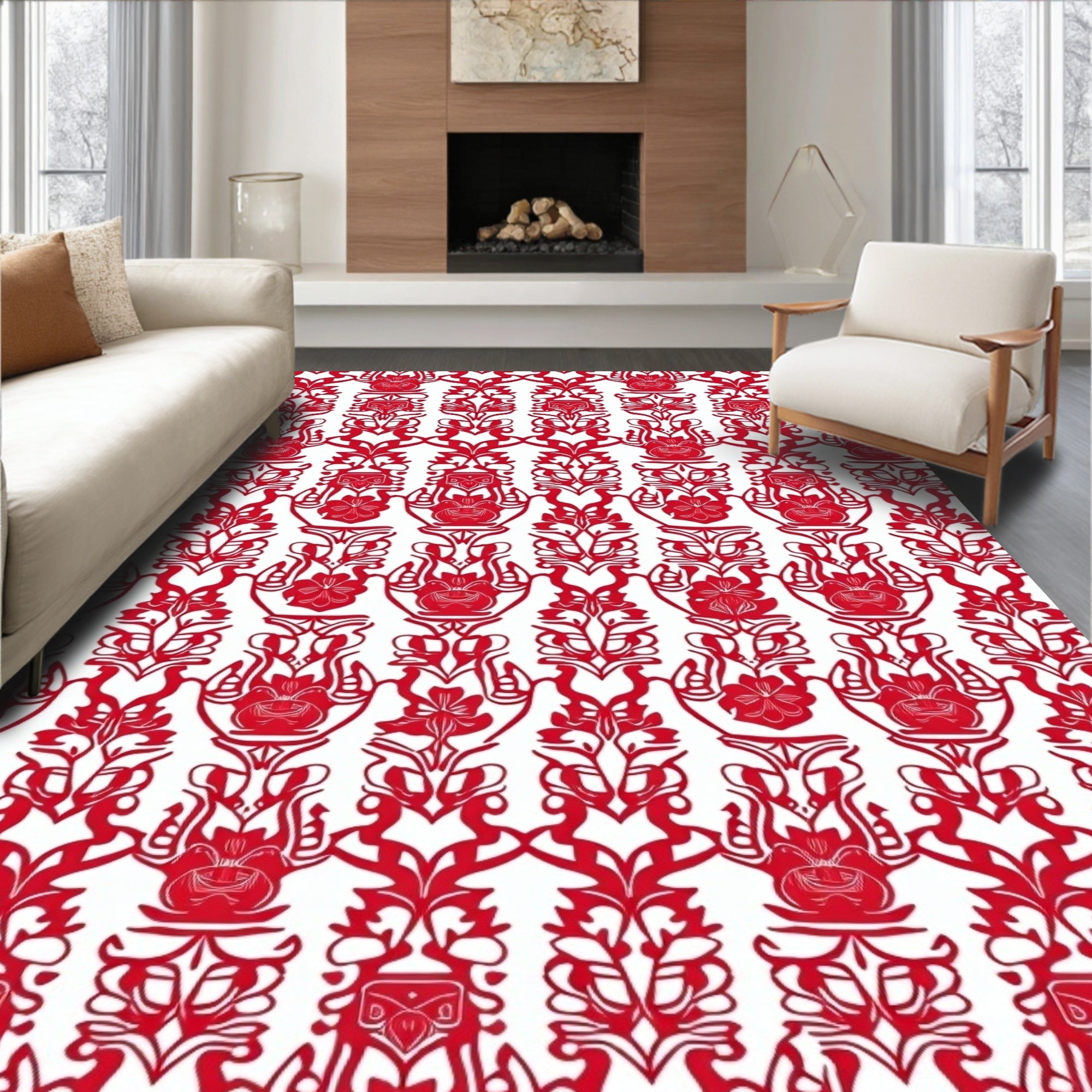 Crimson Floral Vining Symmetry Rug