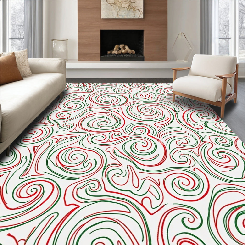 Red Green Swirl Curls Abstract Rug