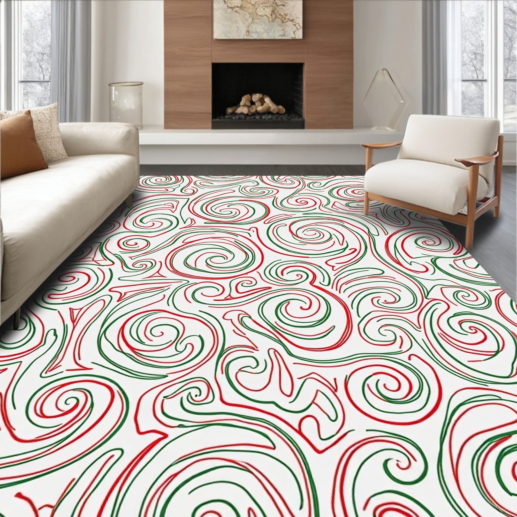 Red Green Swirl Curls Abstract Rug