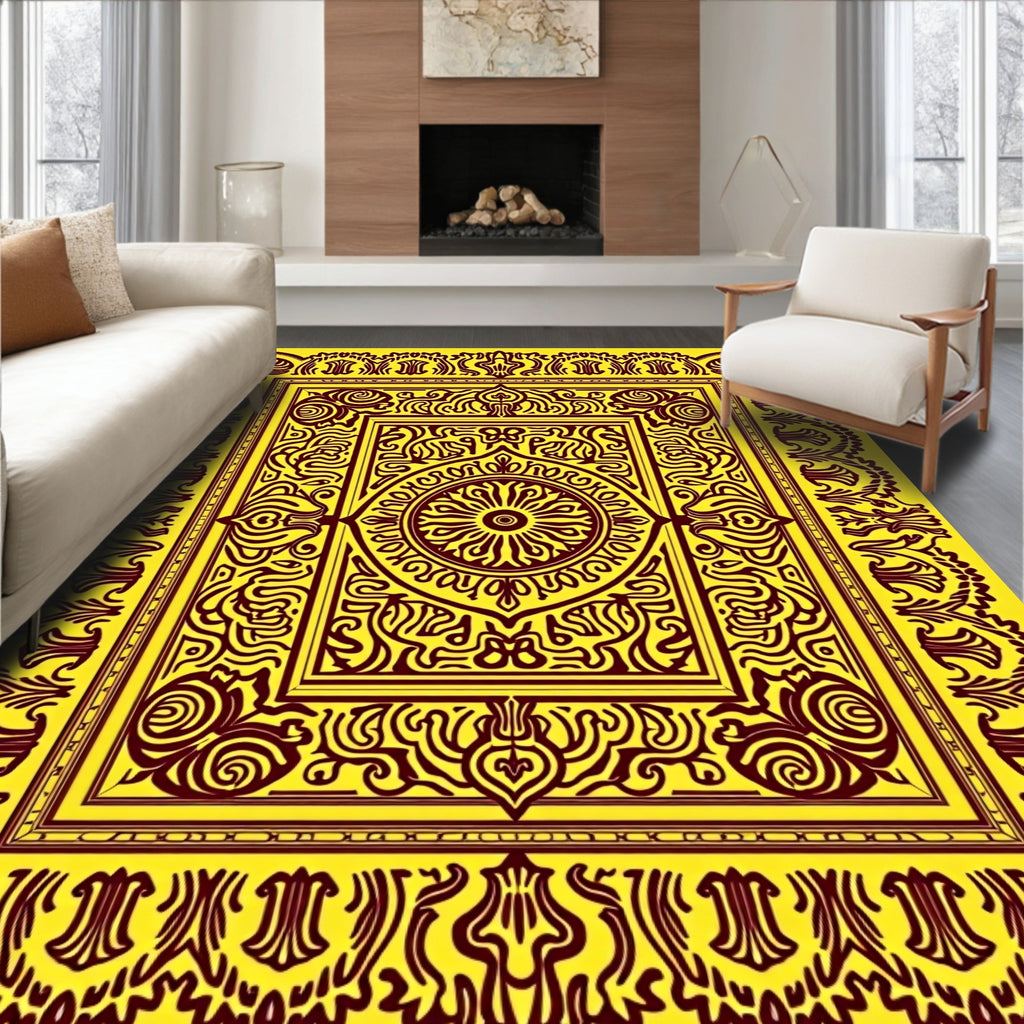 Ornate Gold Maroon Medallion Border Rug
