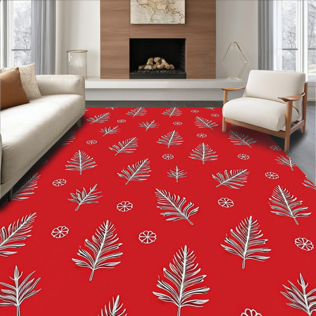 Crimson White Fern Floral Whimsical Rug
