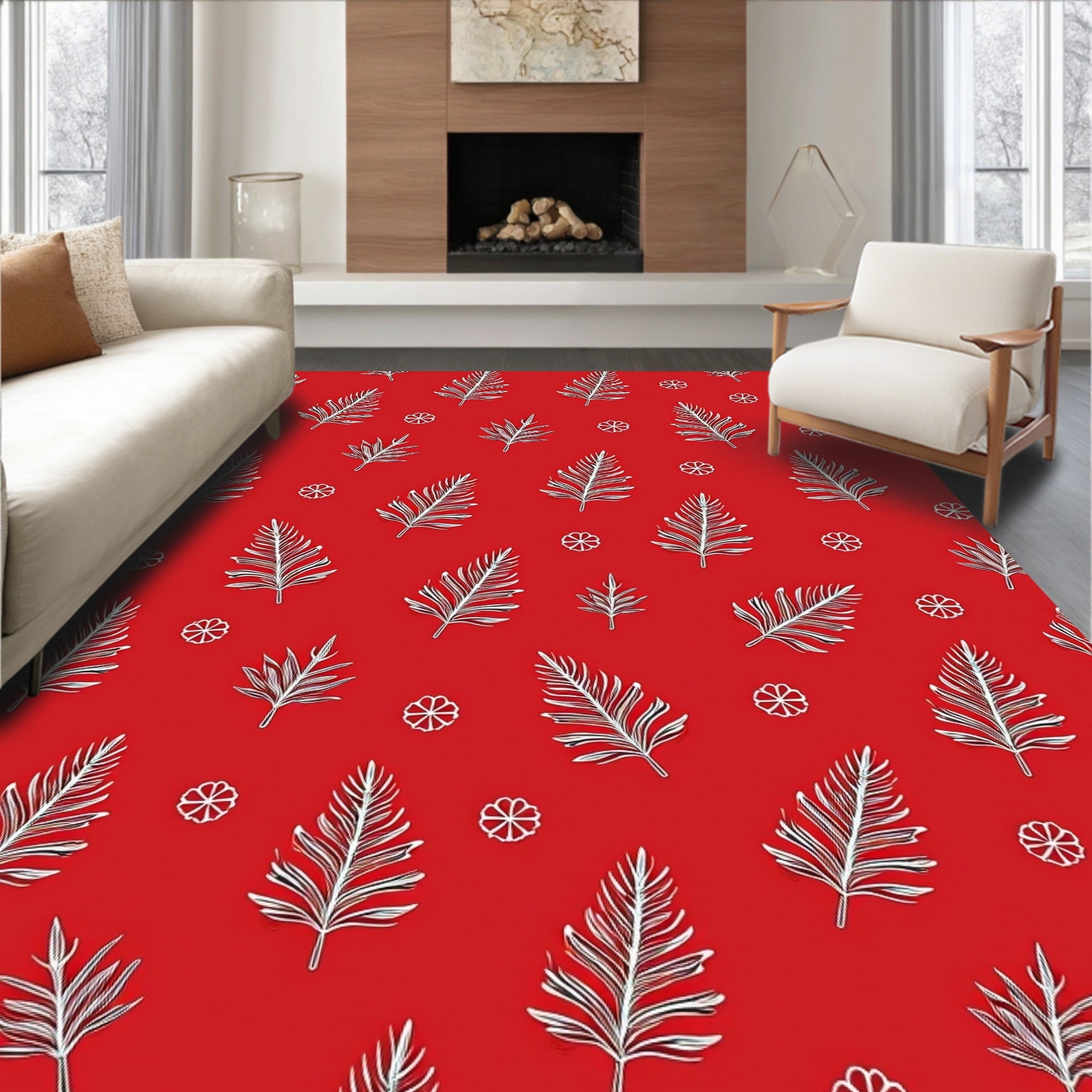 Crimson White Fern Floral Whimsical Rug