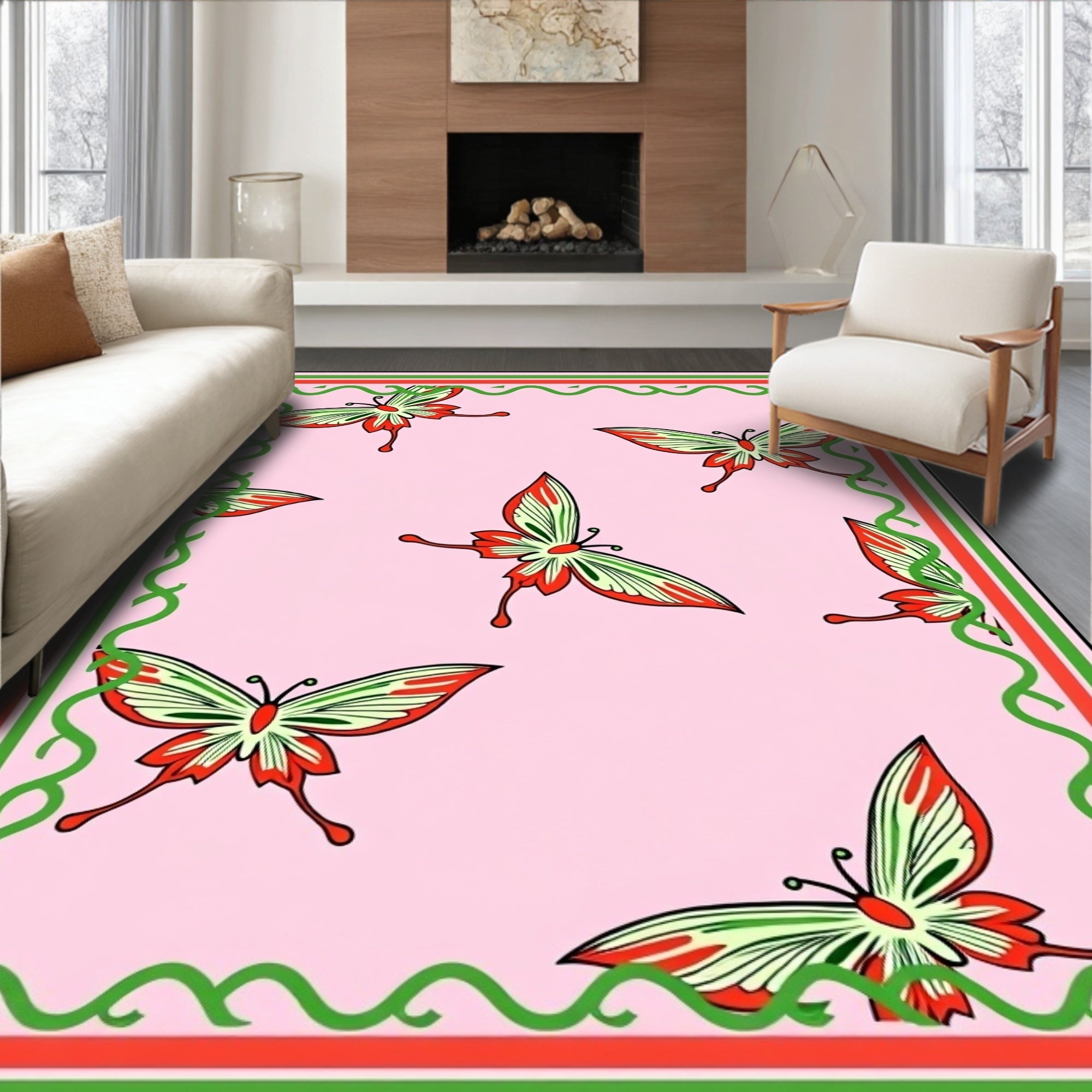 Spring Butterflies Pink Garden Border Rug