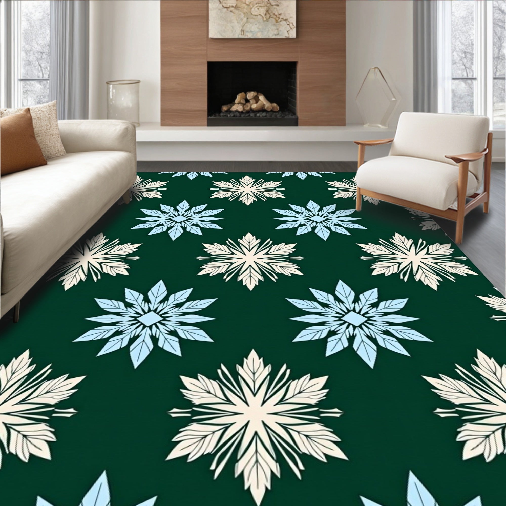 Earthy Cream Blue Starburst Medallion Rug