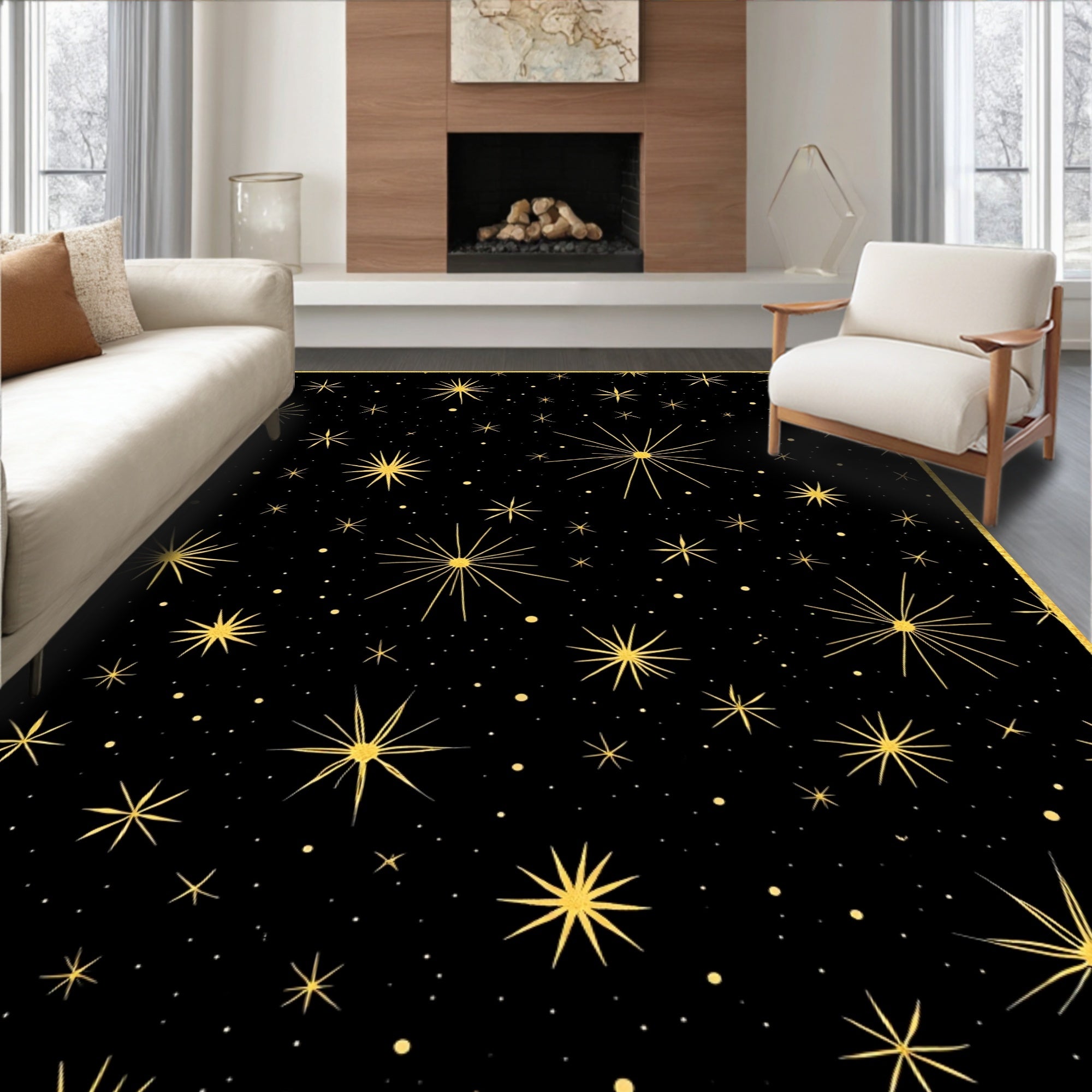 Golden Starburst Black Night Sky Rug