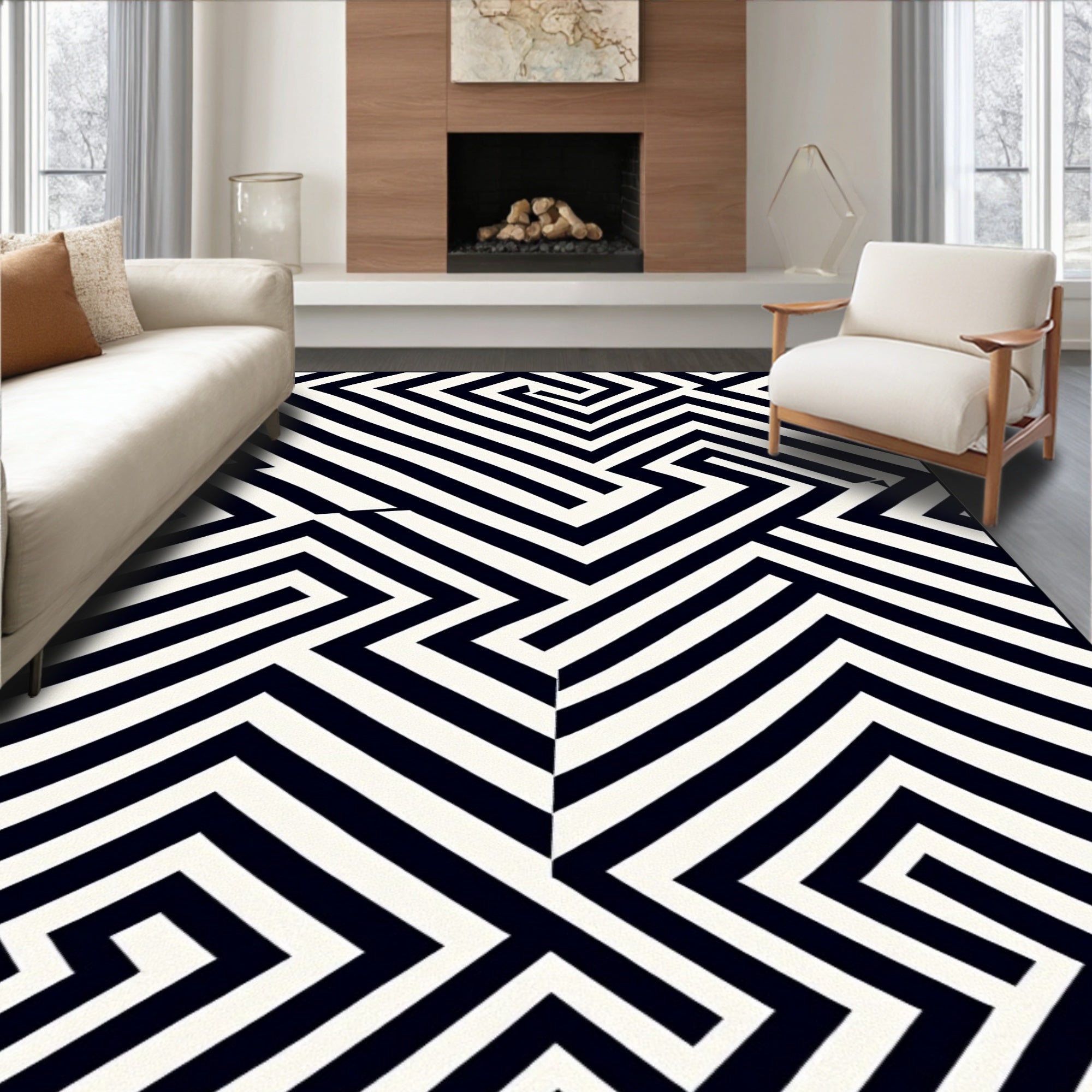 Sharp Black White Angular Path Rug