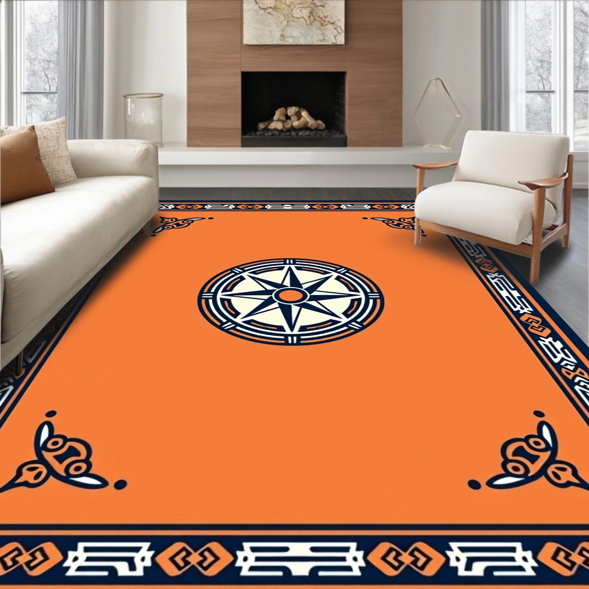 Orange Compass Rose Border Rug