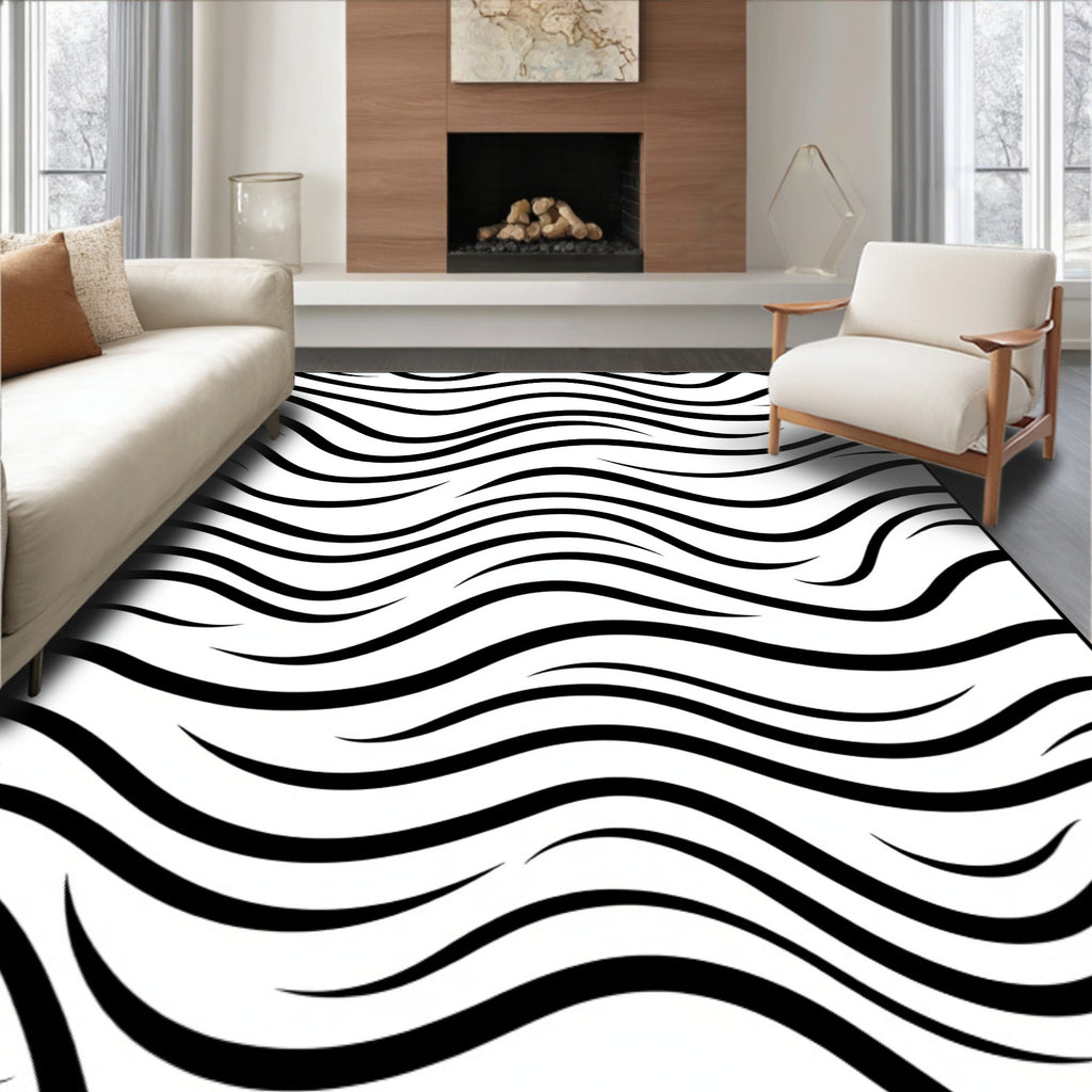 Black White Abstract Flowing Lines Rug