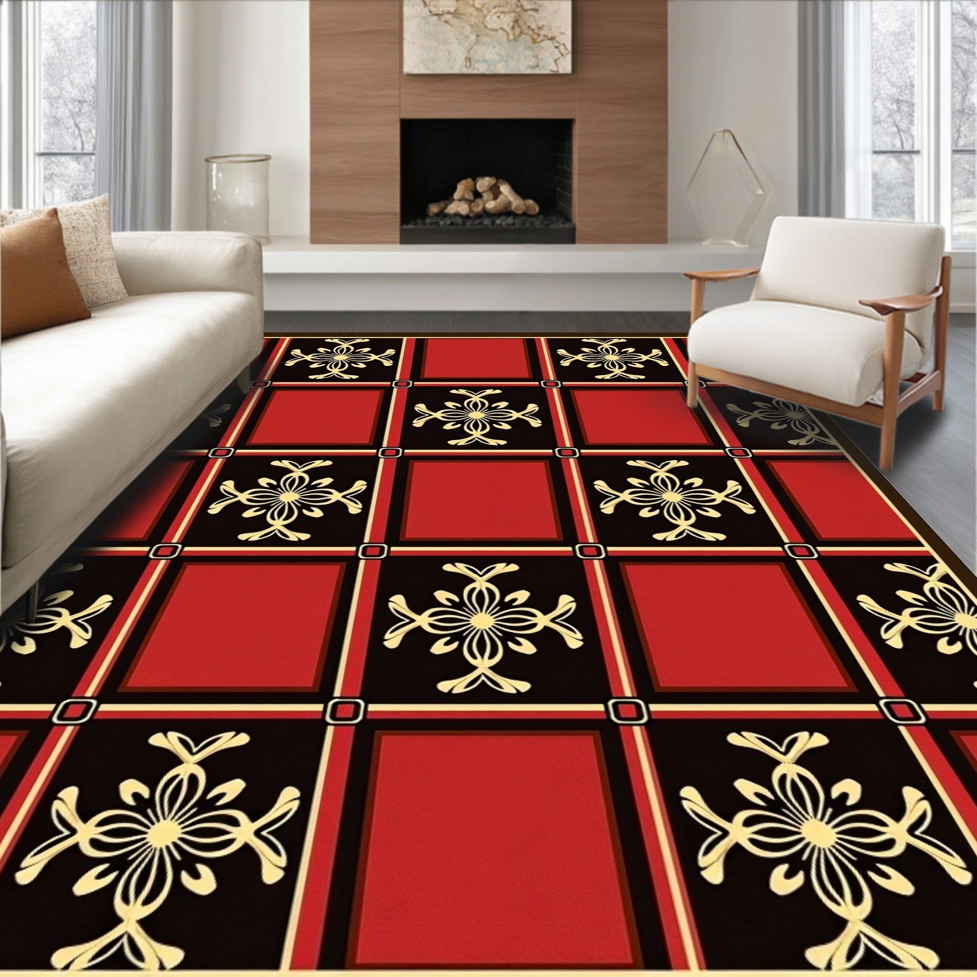 Geometric Red Black Golden Floral Squares Rug