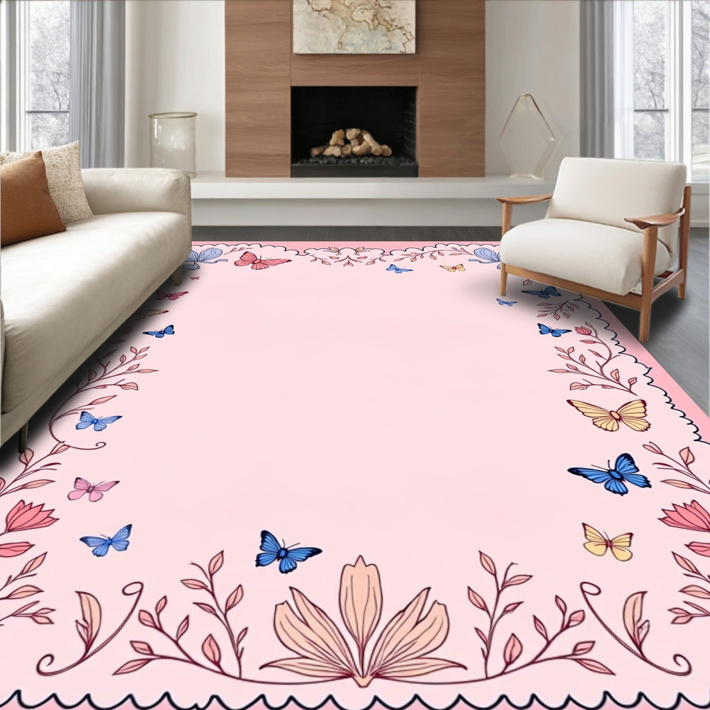 Delicate Butterfly Garden Floral Border Rug
