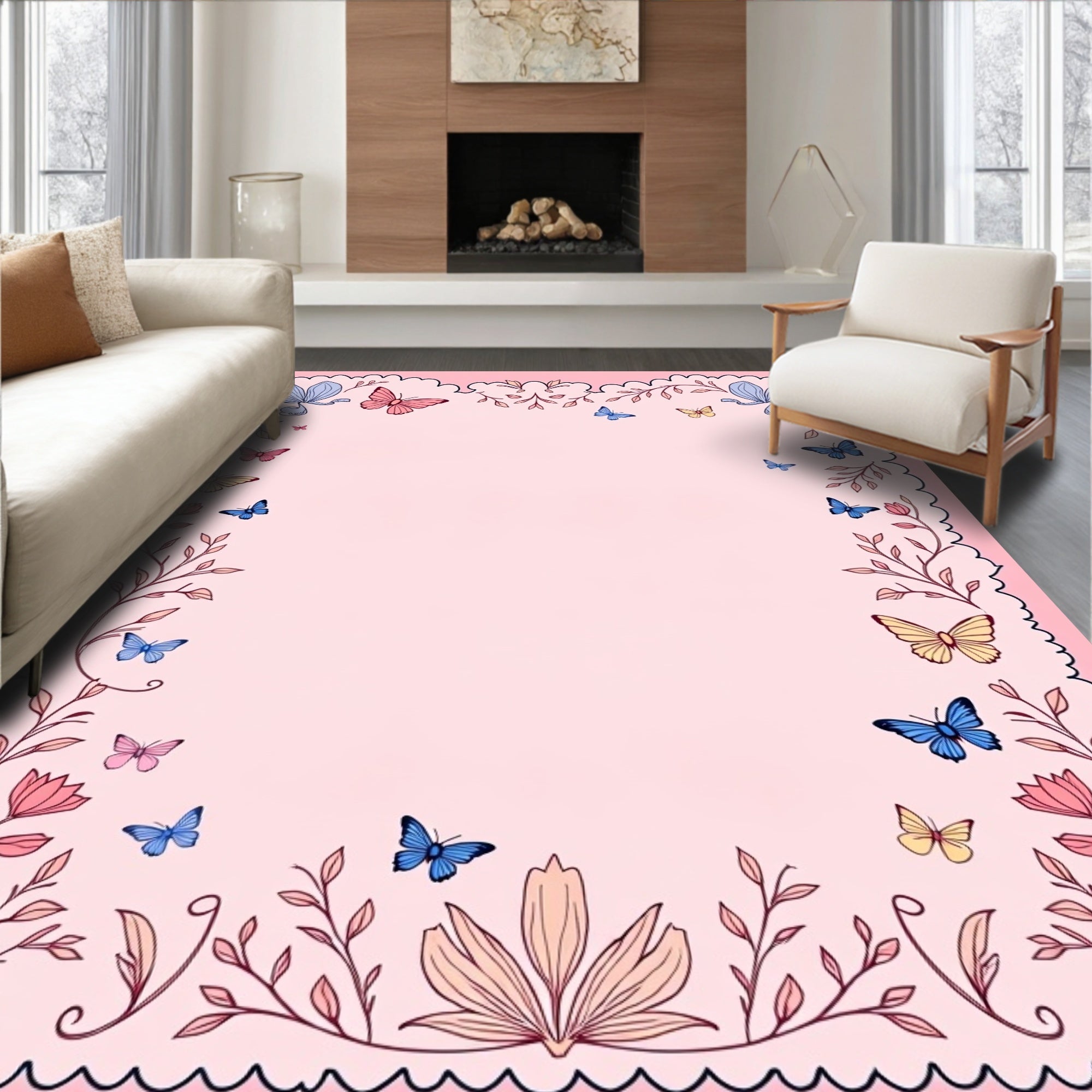 Delicate Butterfly Garden Floral Border Rug