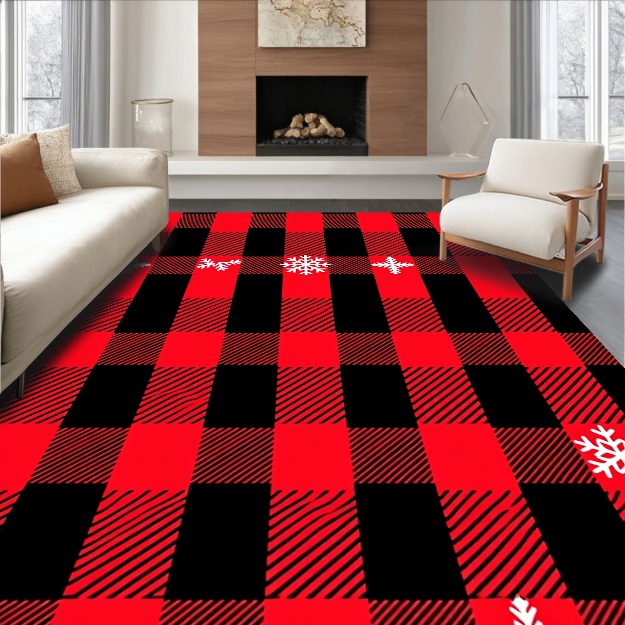 Red Black Buffalo Plaid Snowflakes Rug
