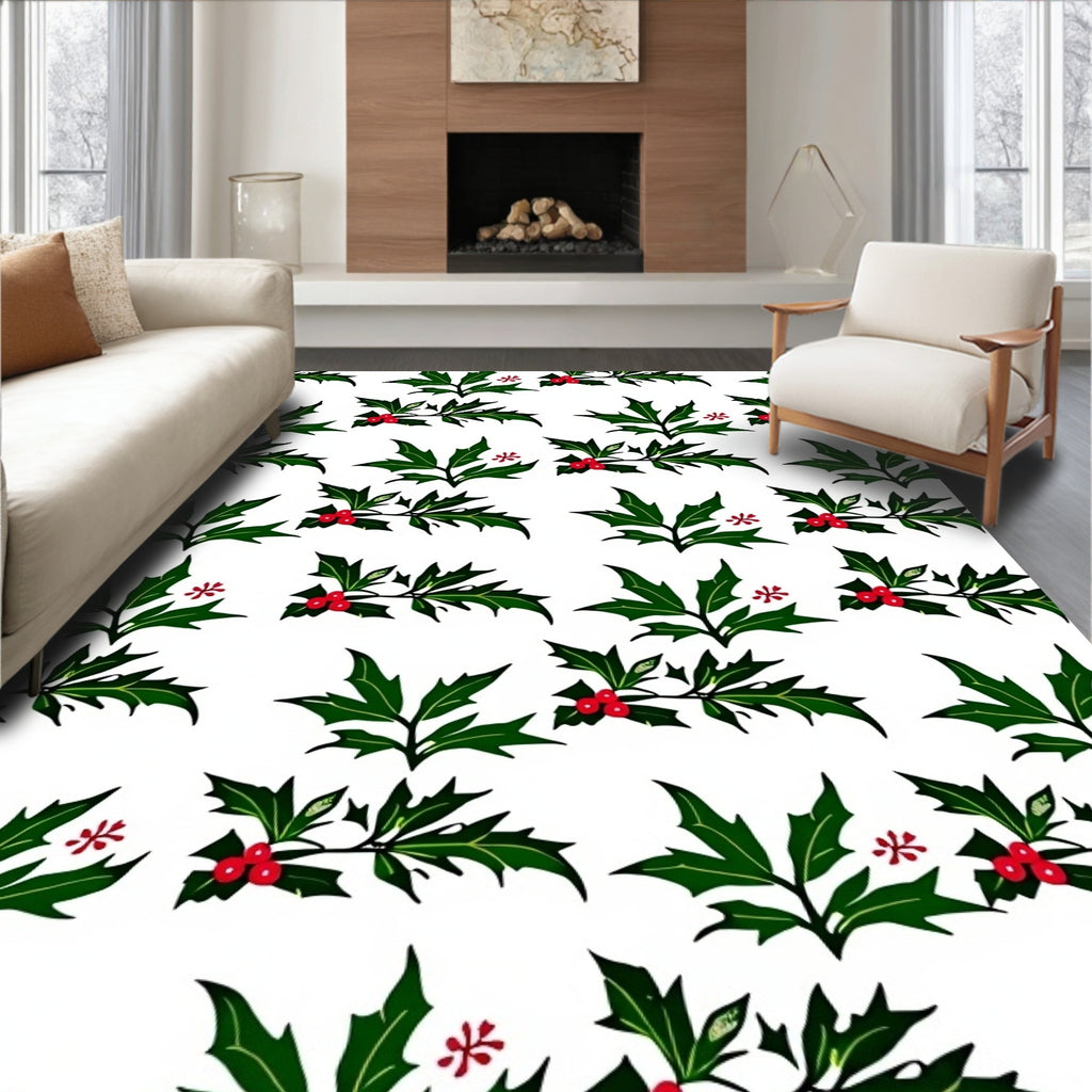 Festive Green Holly Berry Sprig Rug