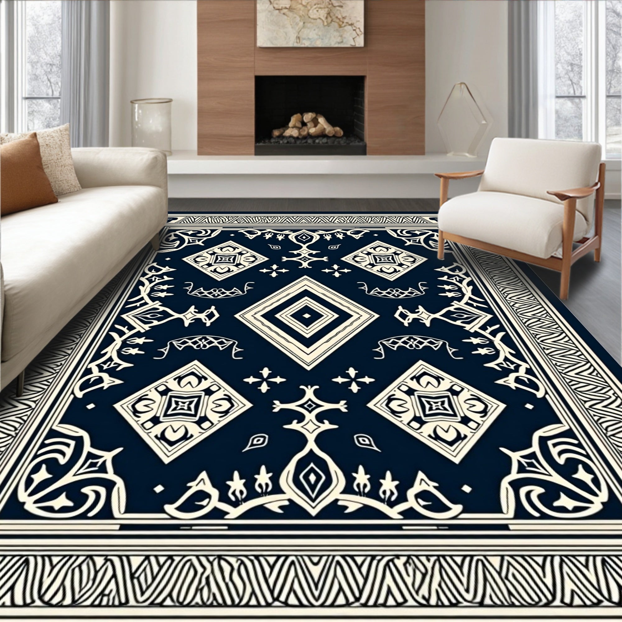 Navy Ivory Geometric Medallion Banded Rug