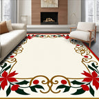 Crimson Red Floral Holly Border Rug