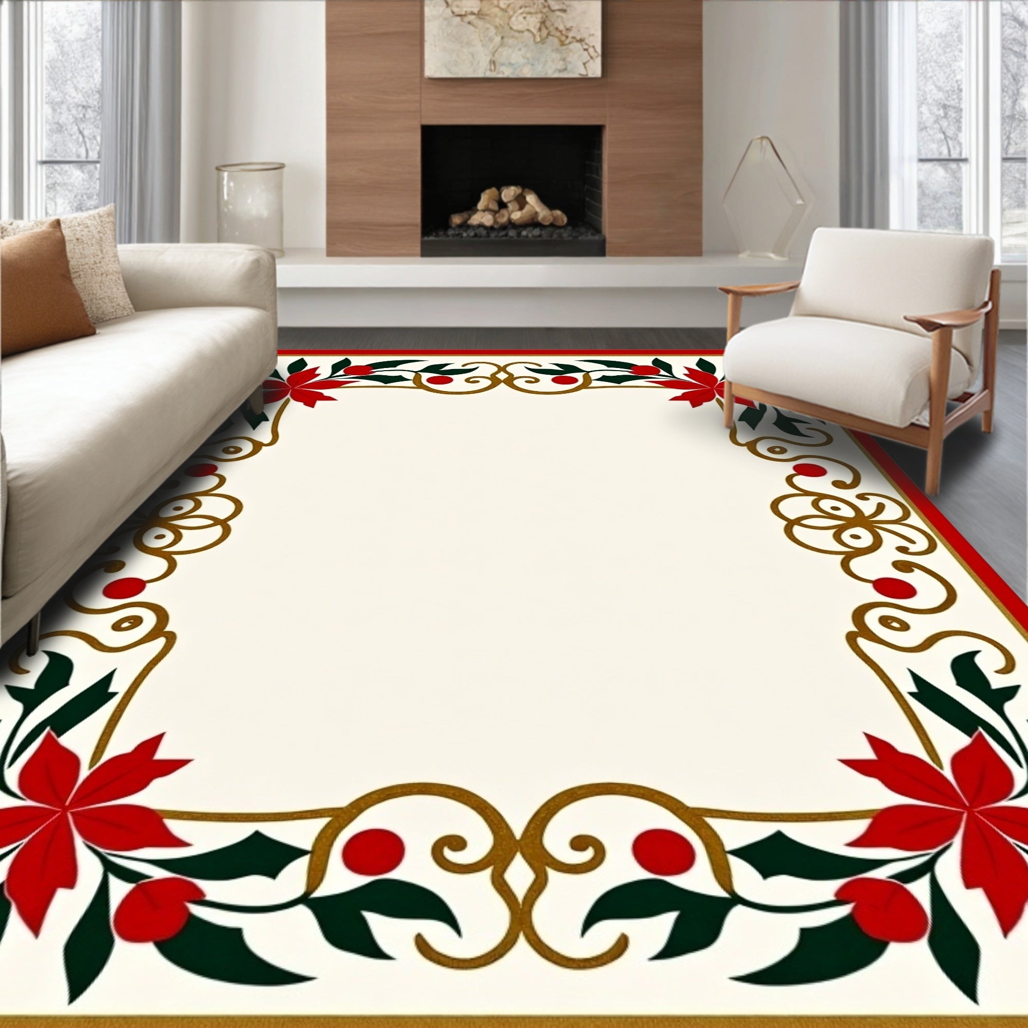 Crimson Red Floral Holly Border Rug