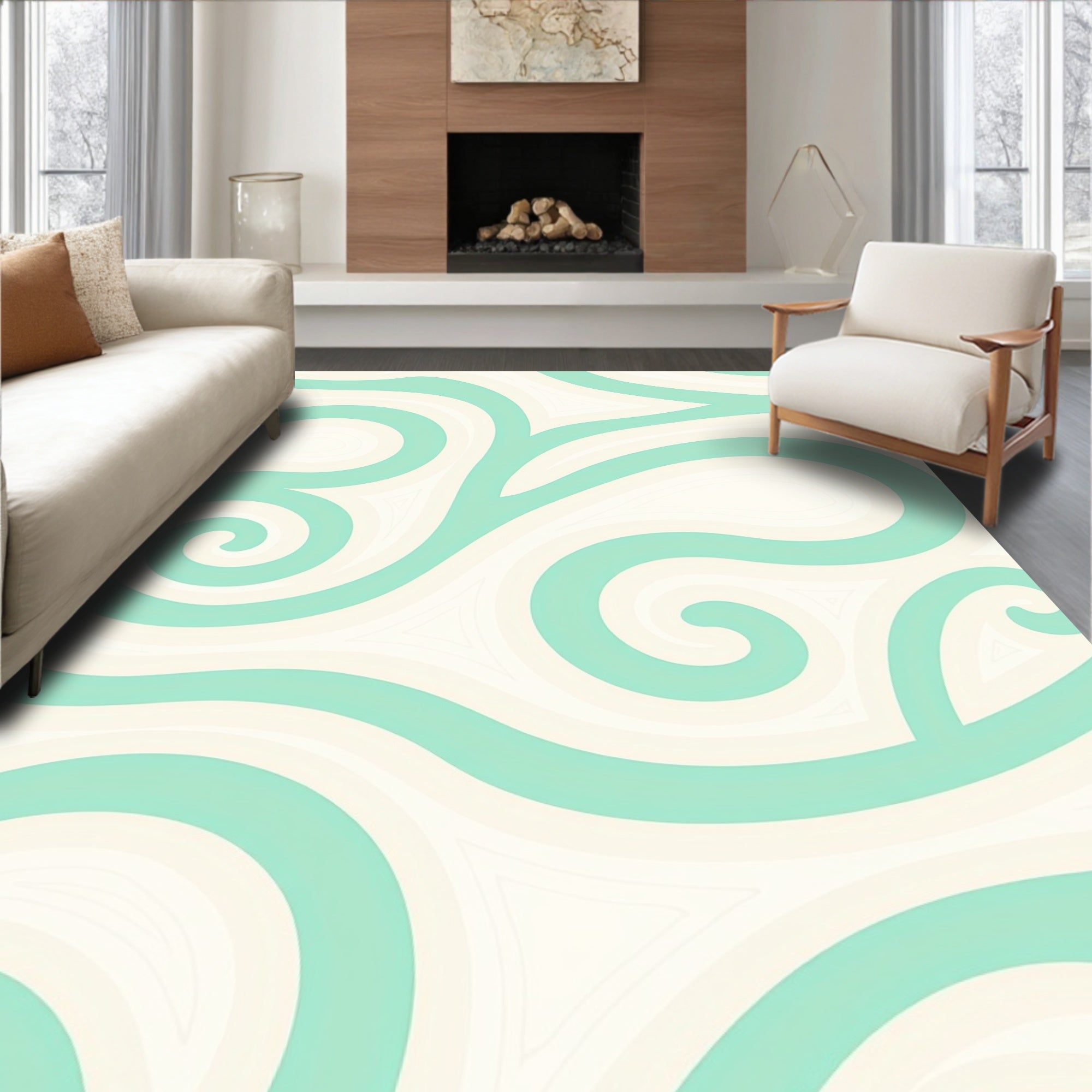 Cool Swirls Cream and Teal Rug