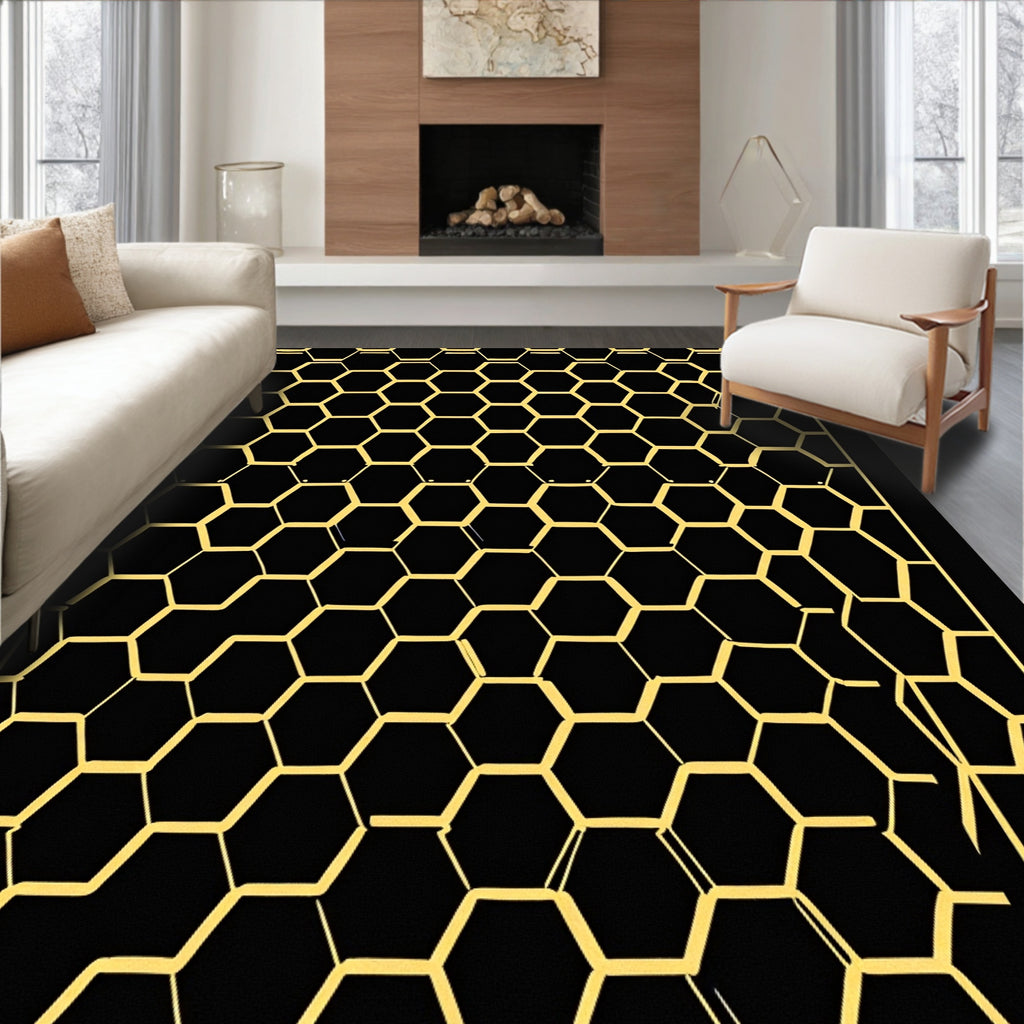 Bold Black and Gold Hexagon Grid Rug