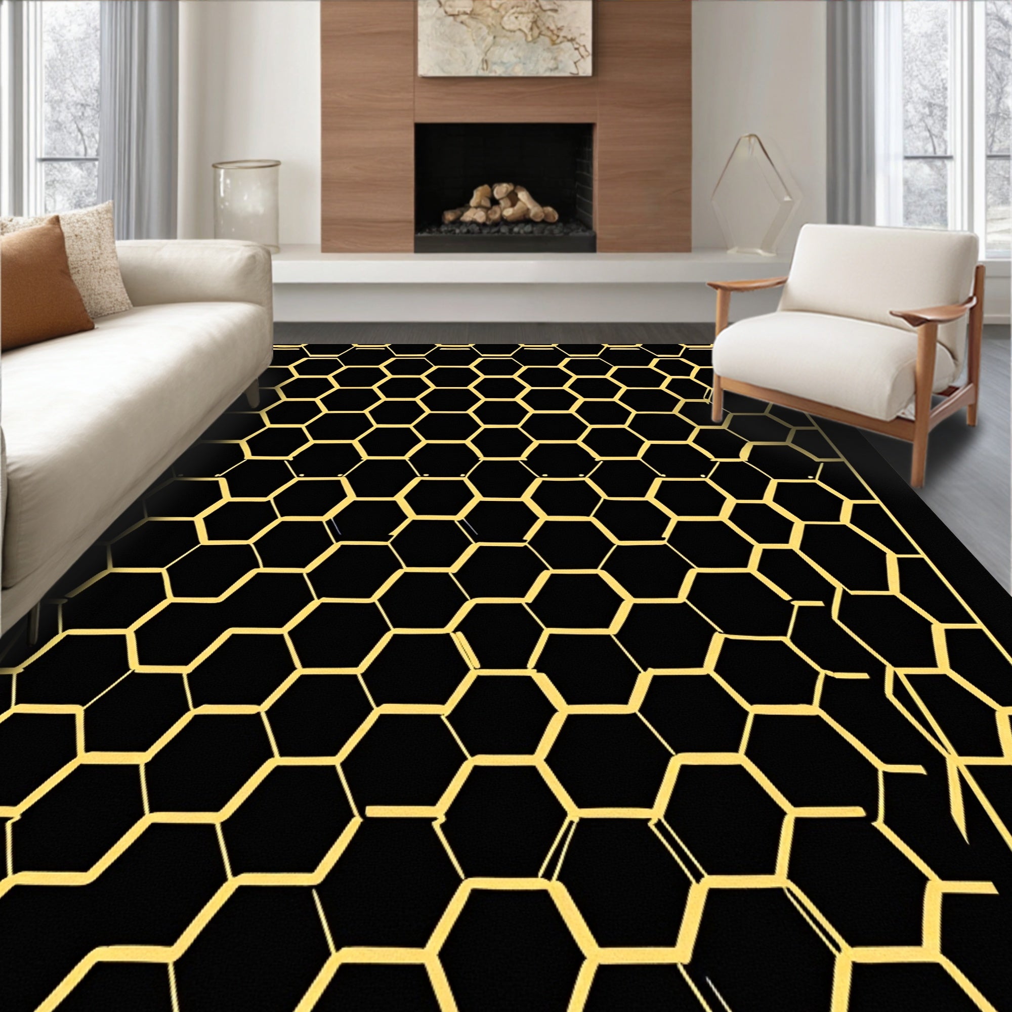 Bold Black and Gold Hexagon Grid Rug