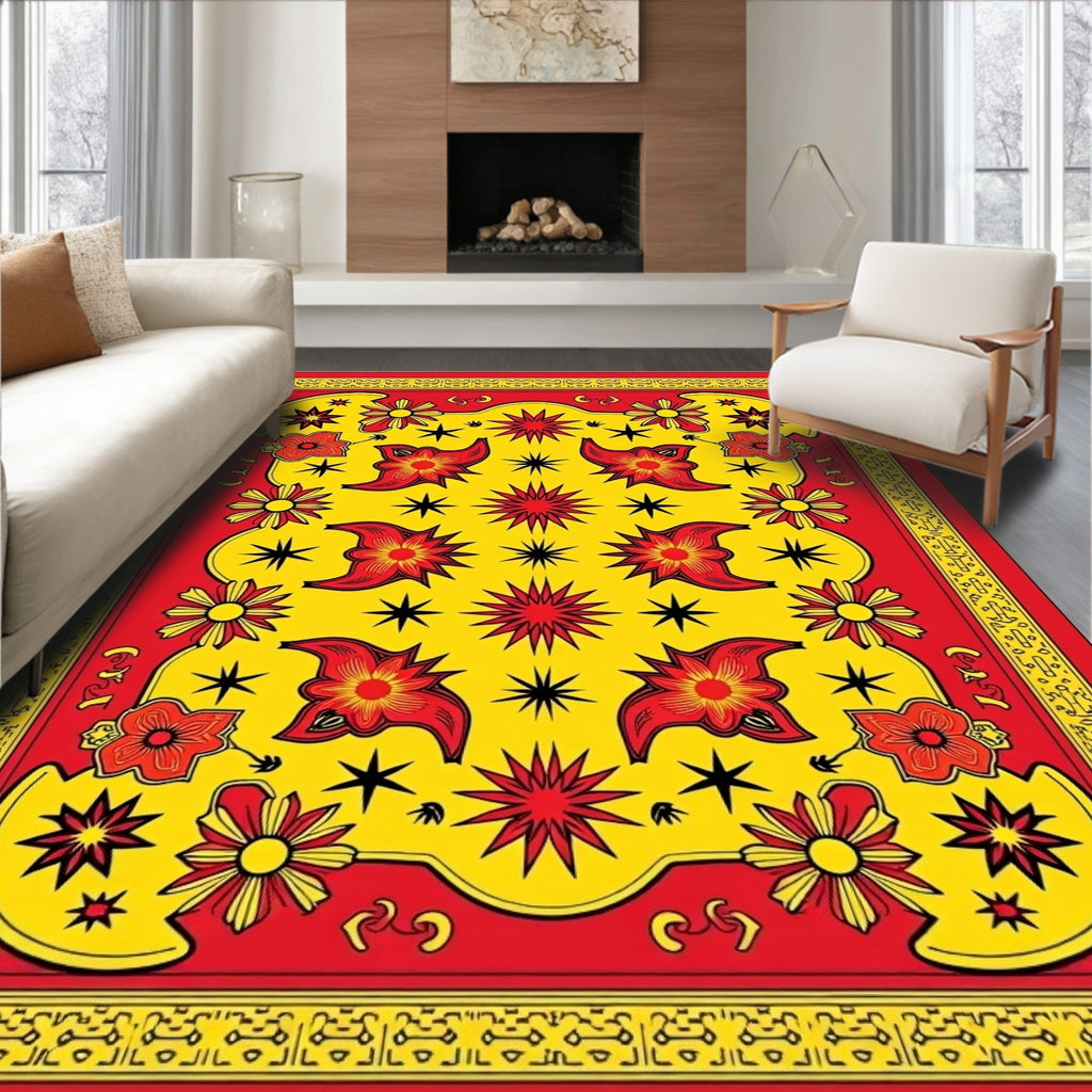 Vibrant Red Yellow Starburst Floral Rug