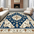 Navy Cream Floral Medallion Border Rug