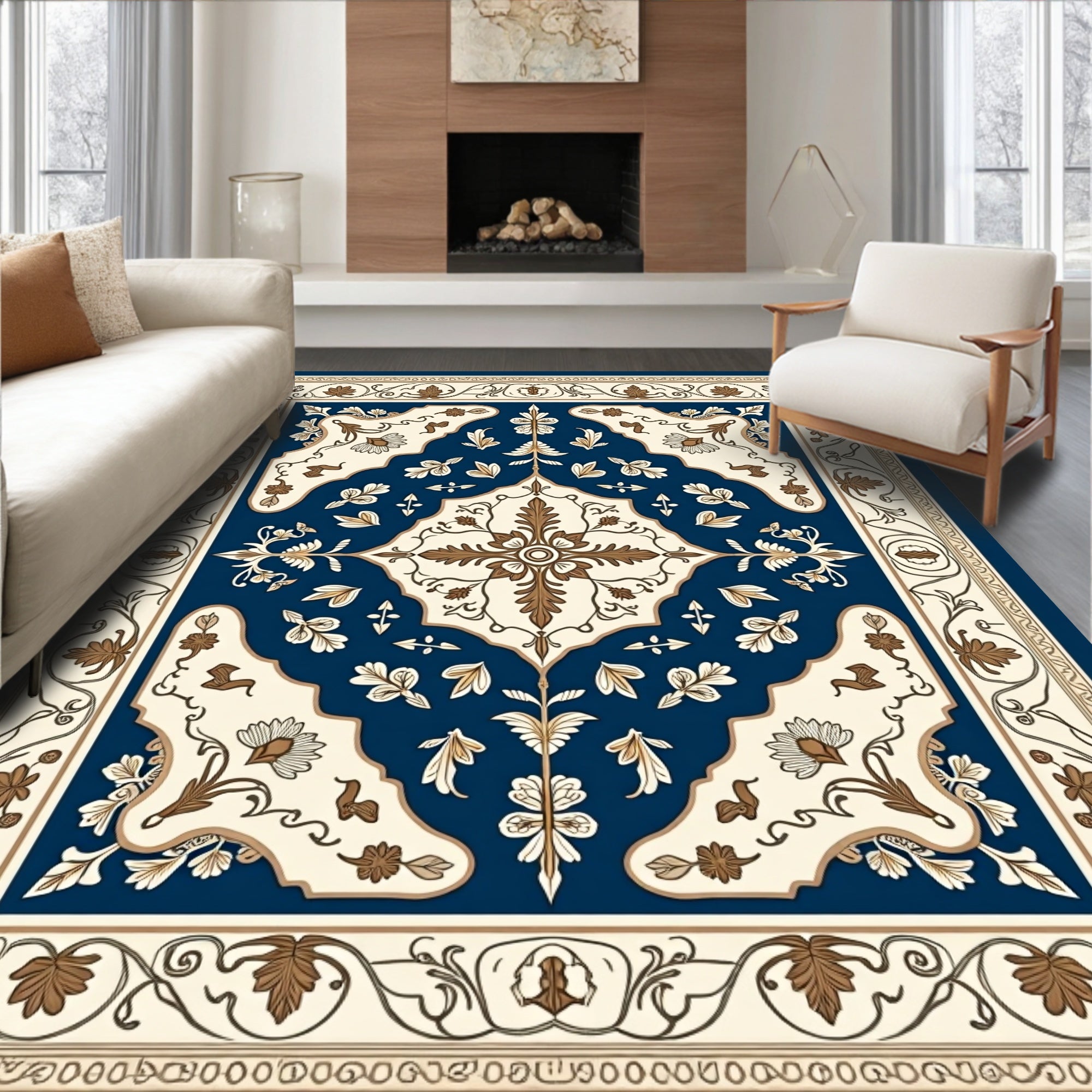 Navy Cream Floral Medallion Border Rug