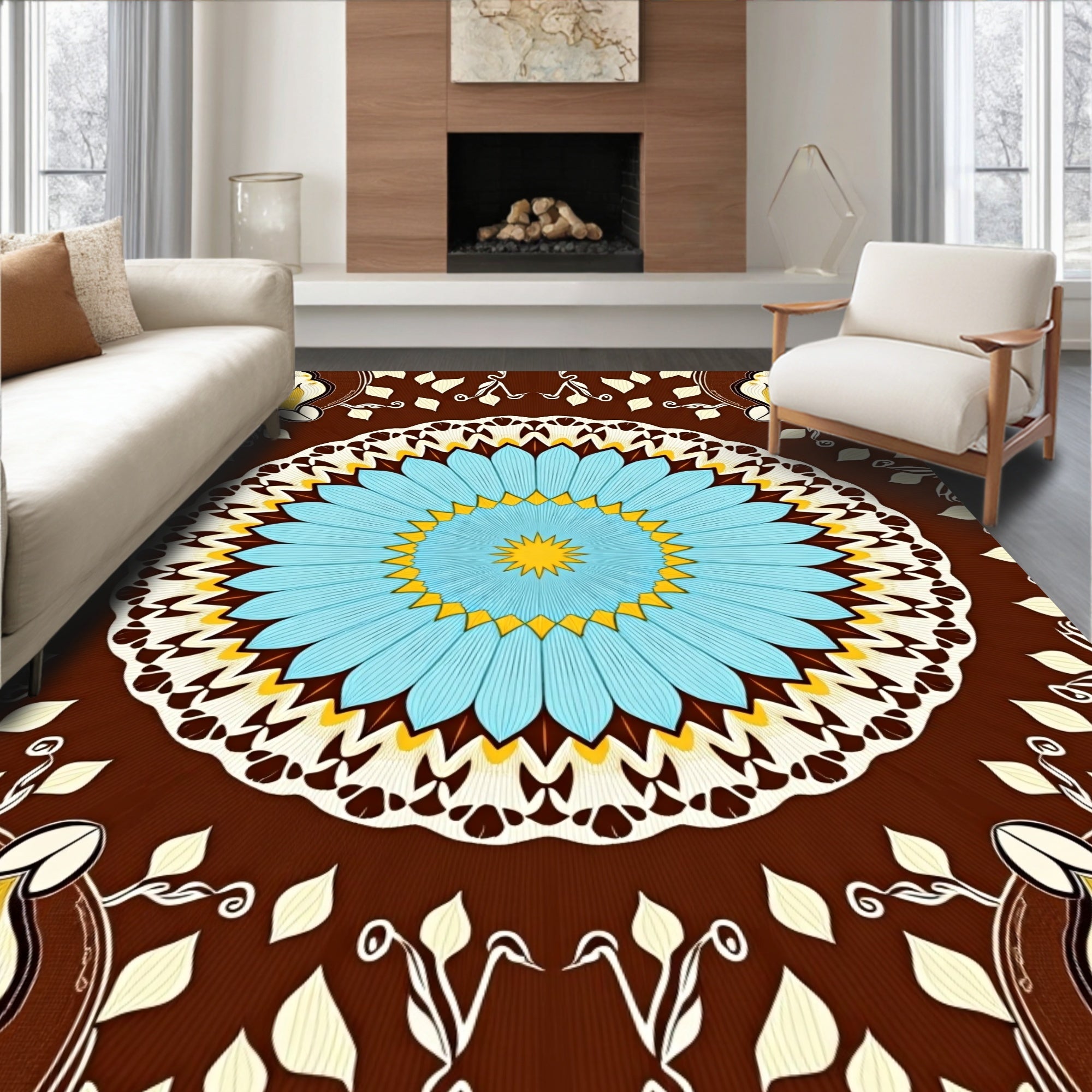 Vibrant Blue Yellow Sunburst Mandala Rug
