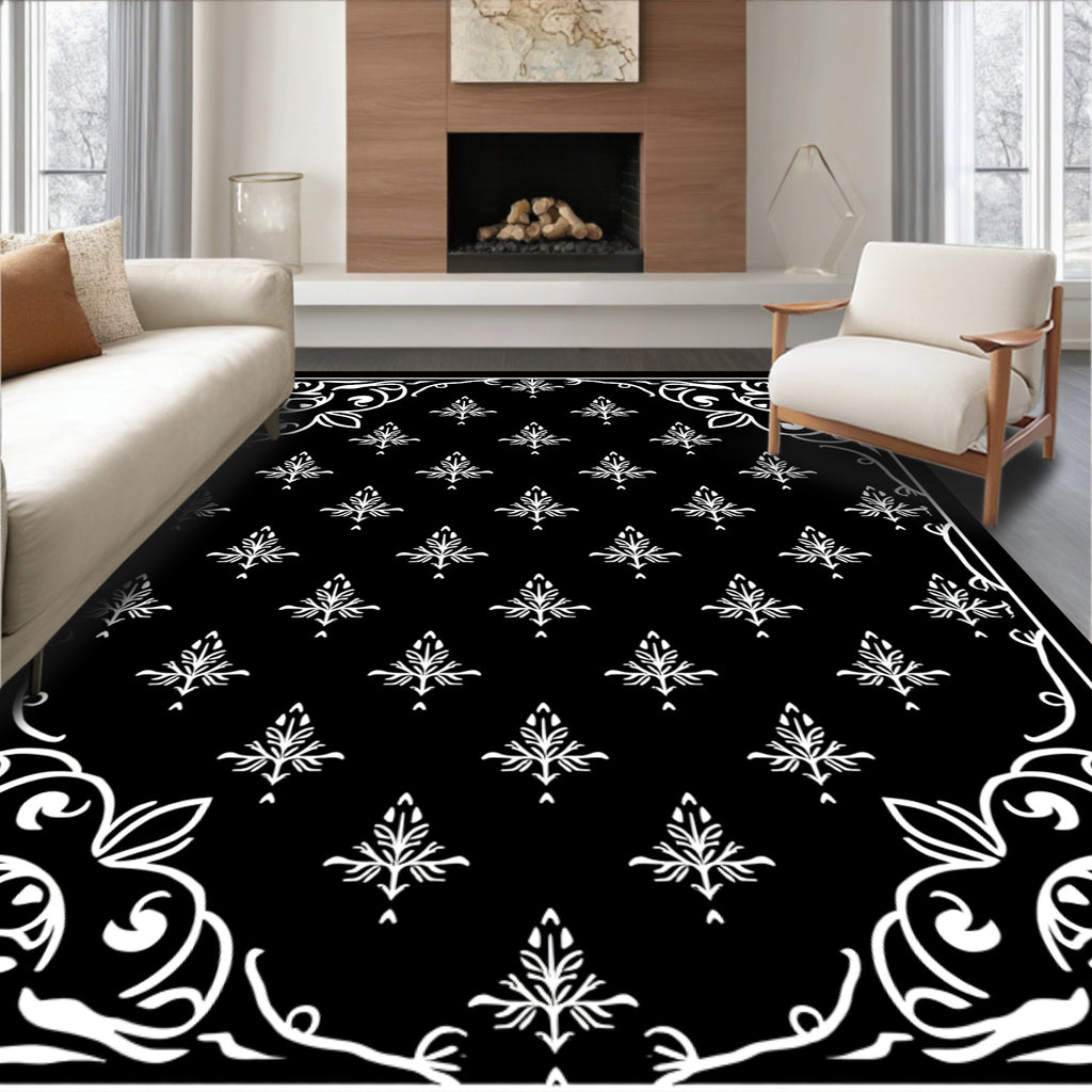 Classic White Acanthus Scroll Black Rug