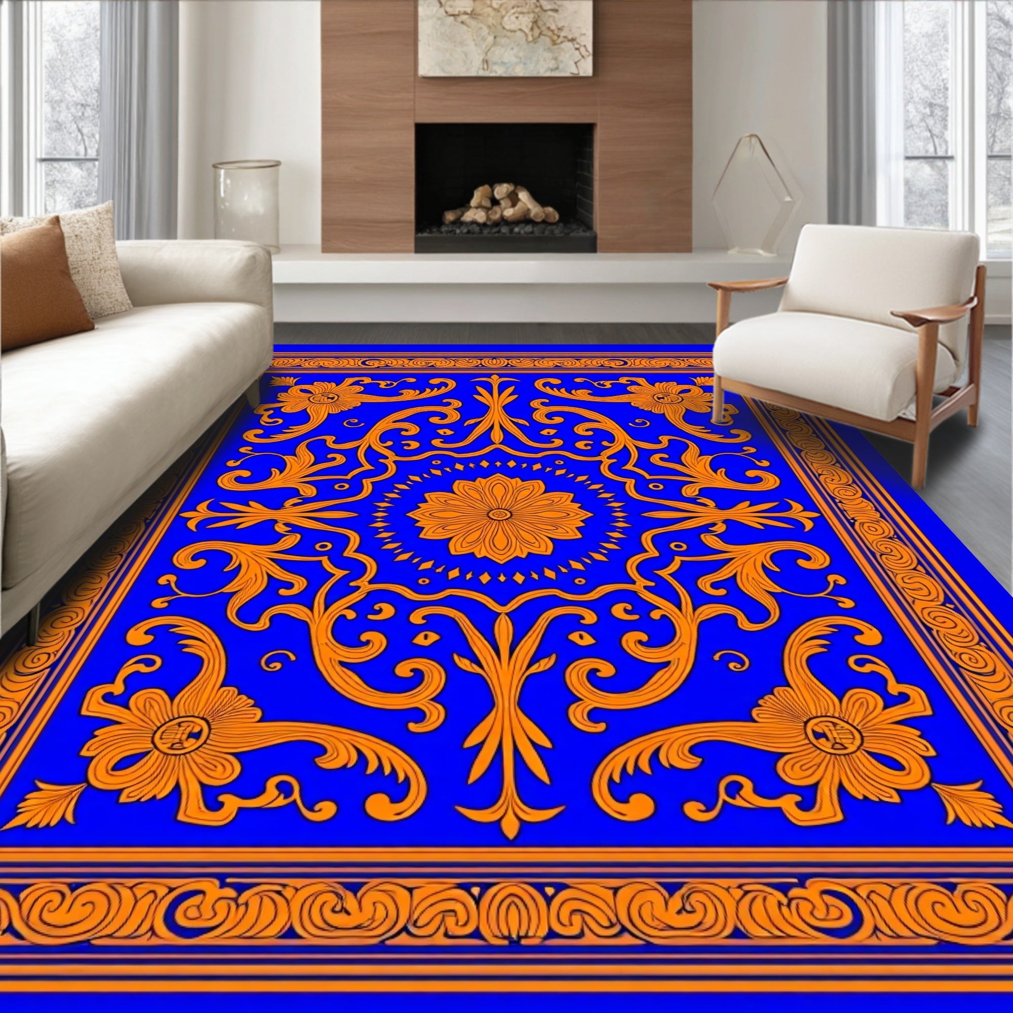 Electric Blue Orange Floral Medallion Scroll Rug