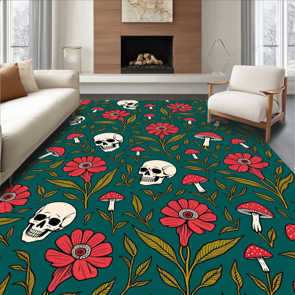Dark Teal Skull Mushroom Floral Arrangement Rug