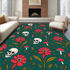 Dark Teal Skull Mushroom Floral Arrangement Rug