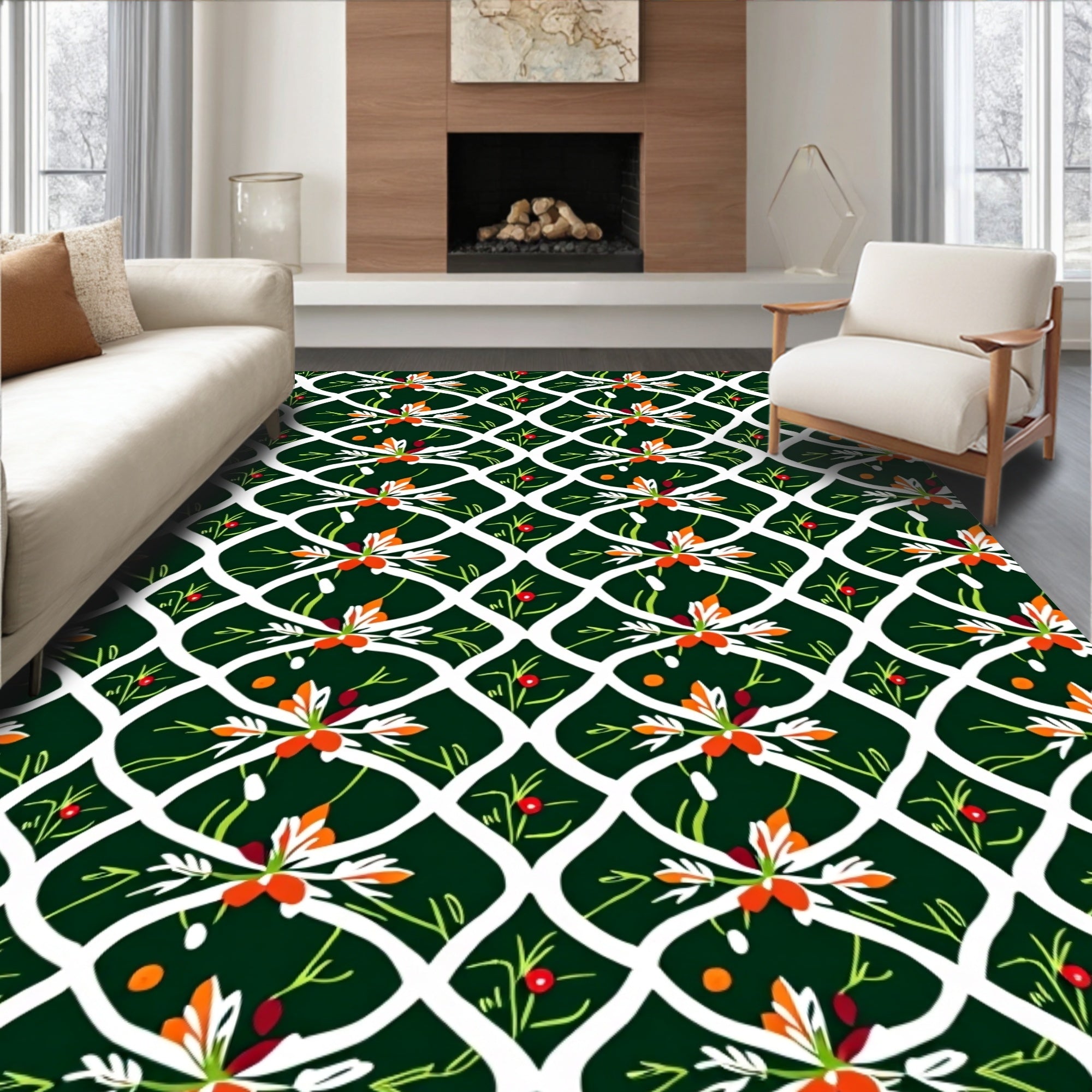 Emerald Green Floral Lattice Rug