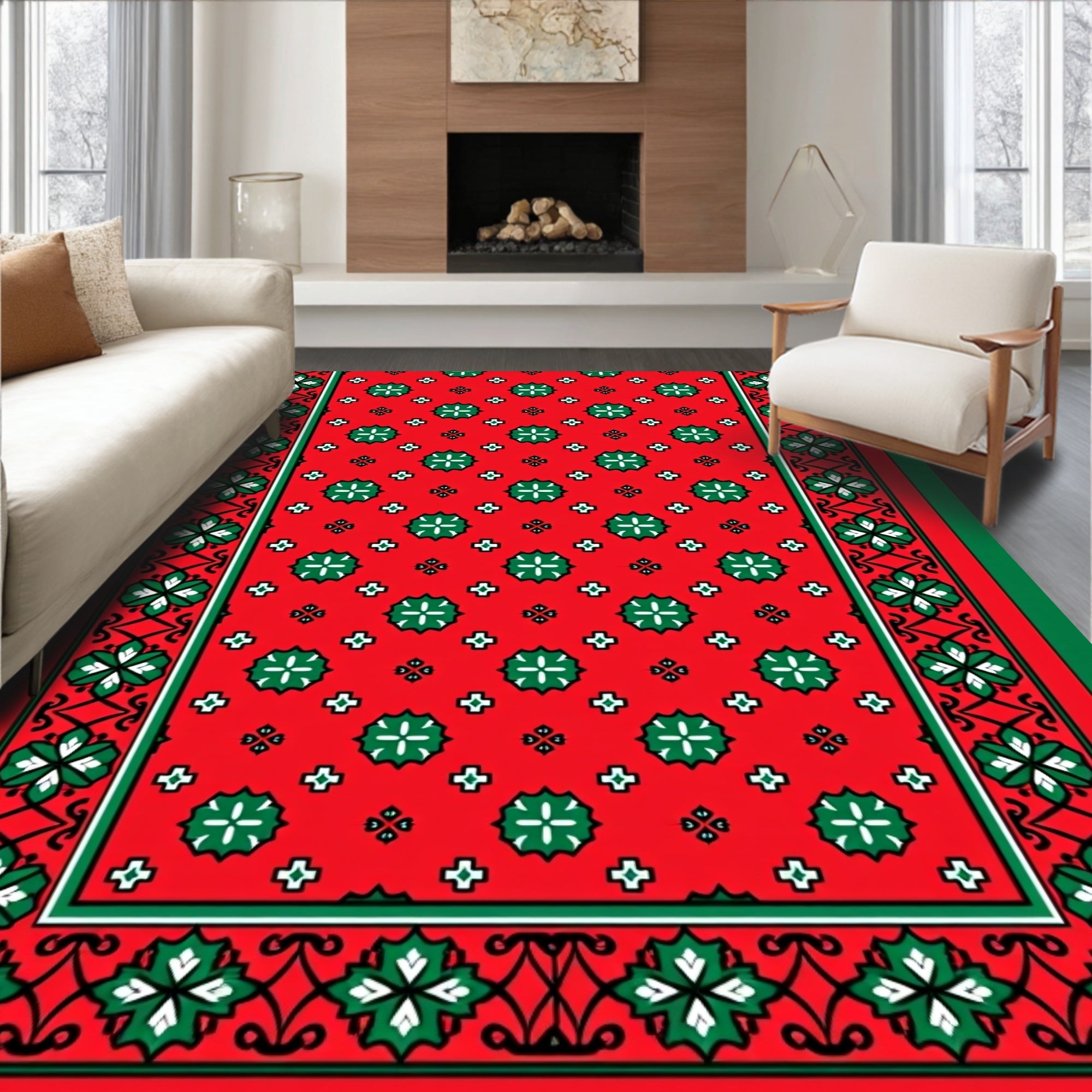 Bold Red Green Floral Medallion Rug
