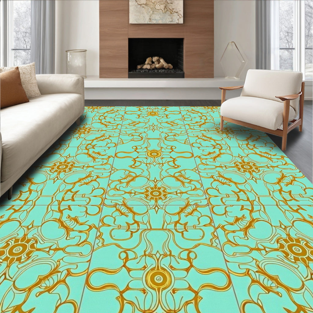 Golden Art Nouveau Floral Tile Rug