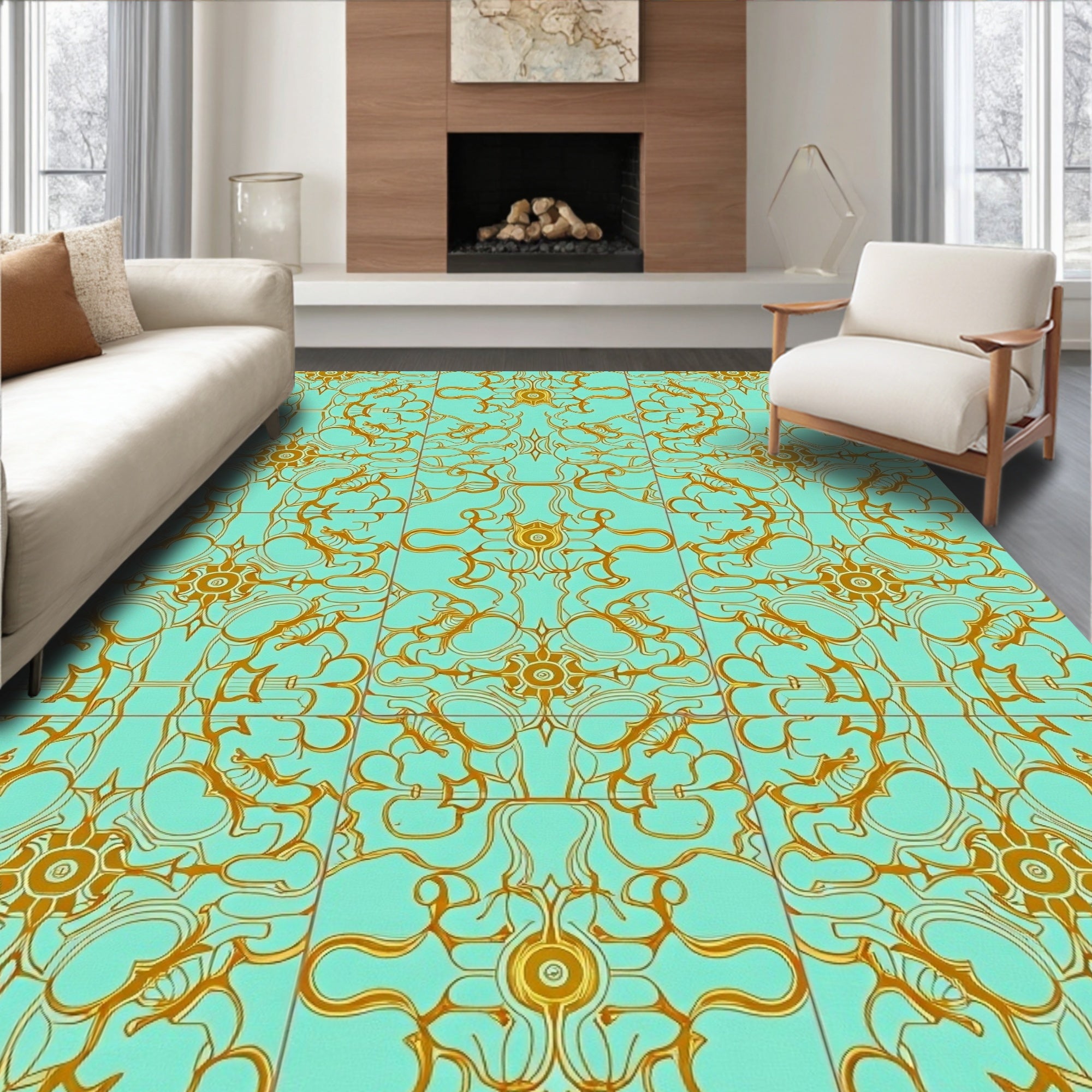 Golden Art Nouveau Floral Tile Rug
