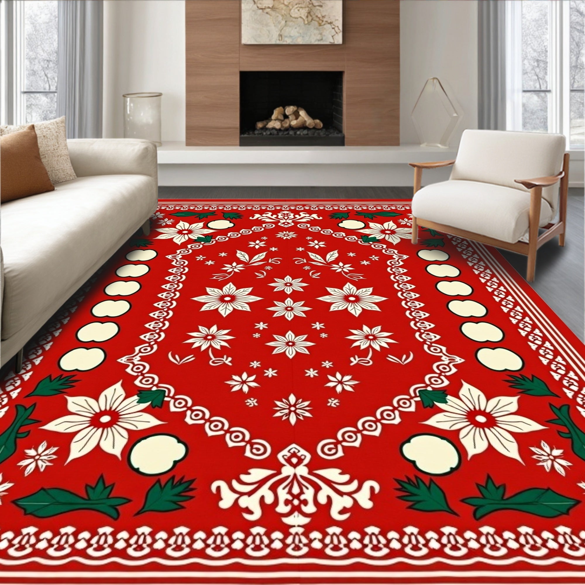 Red Festive Floral Fruit Border Rug