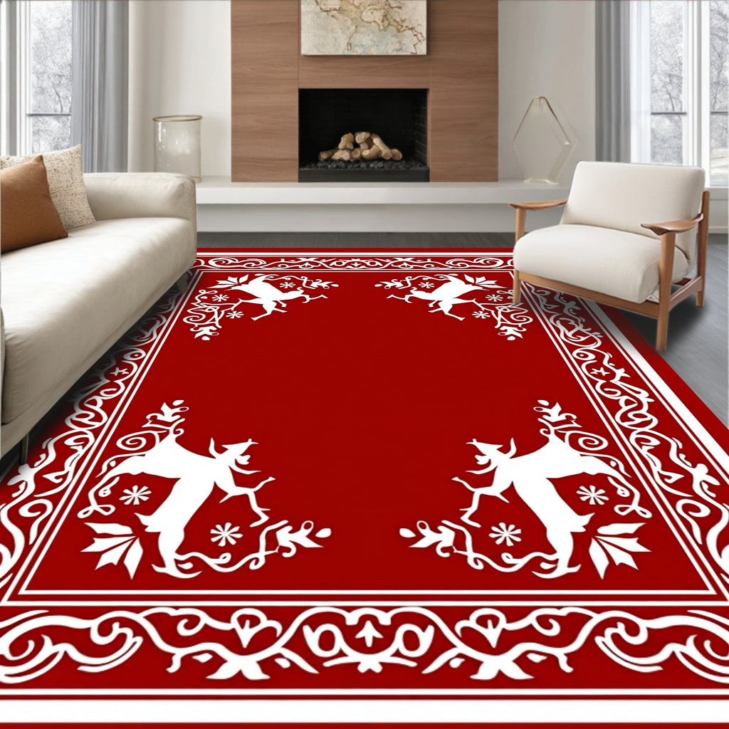 Festive Red Animal Scrollwork Corners Rug