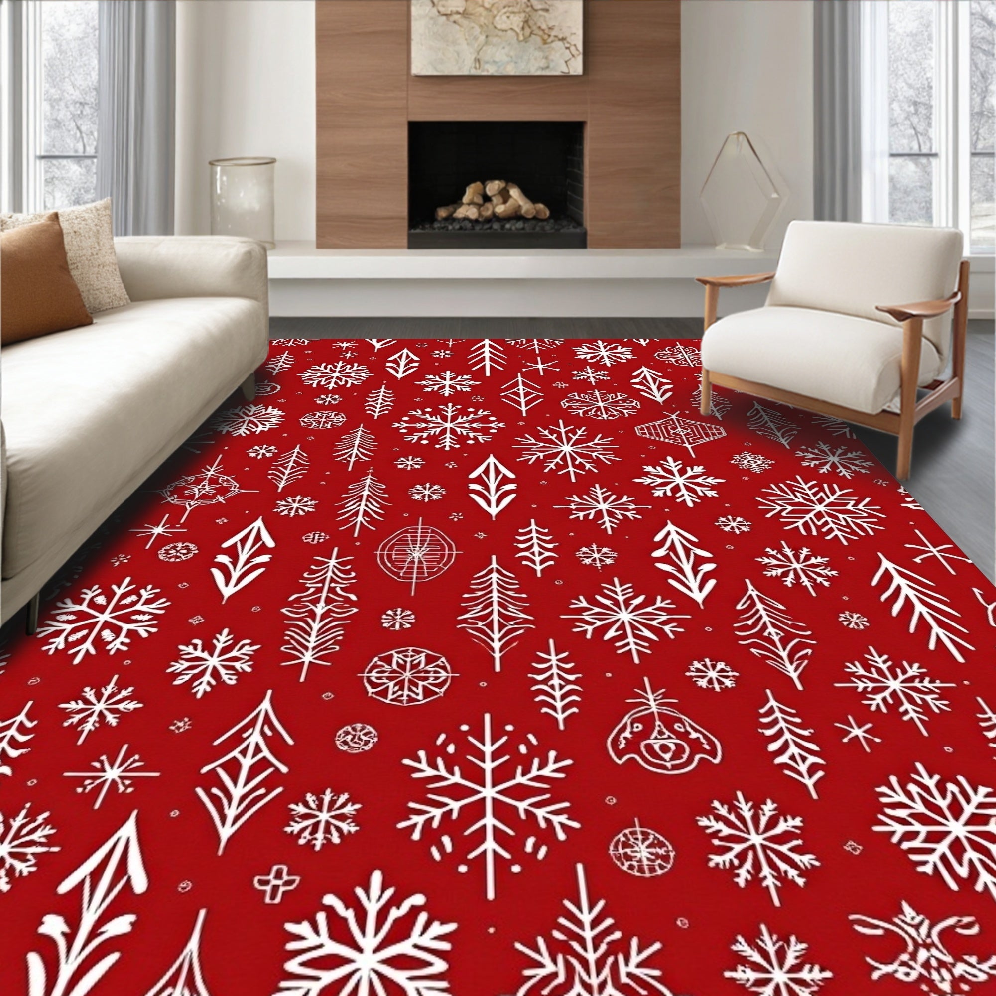 Festive Red White Snowflake Pine Forest Rug
