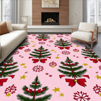 Green Christmas Trees Red Bow Snowflakes Rug