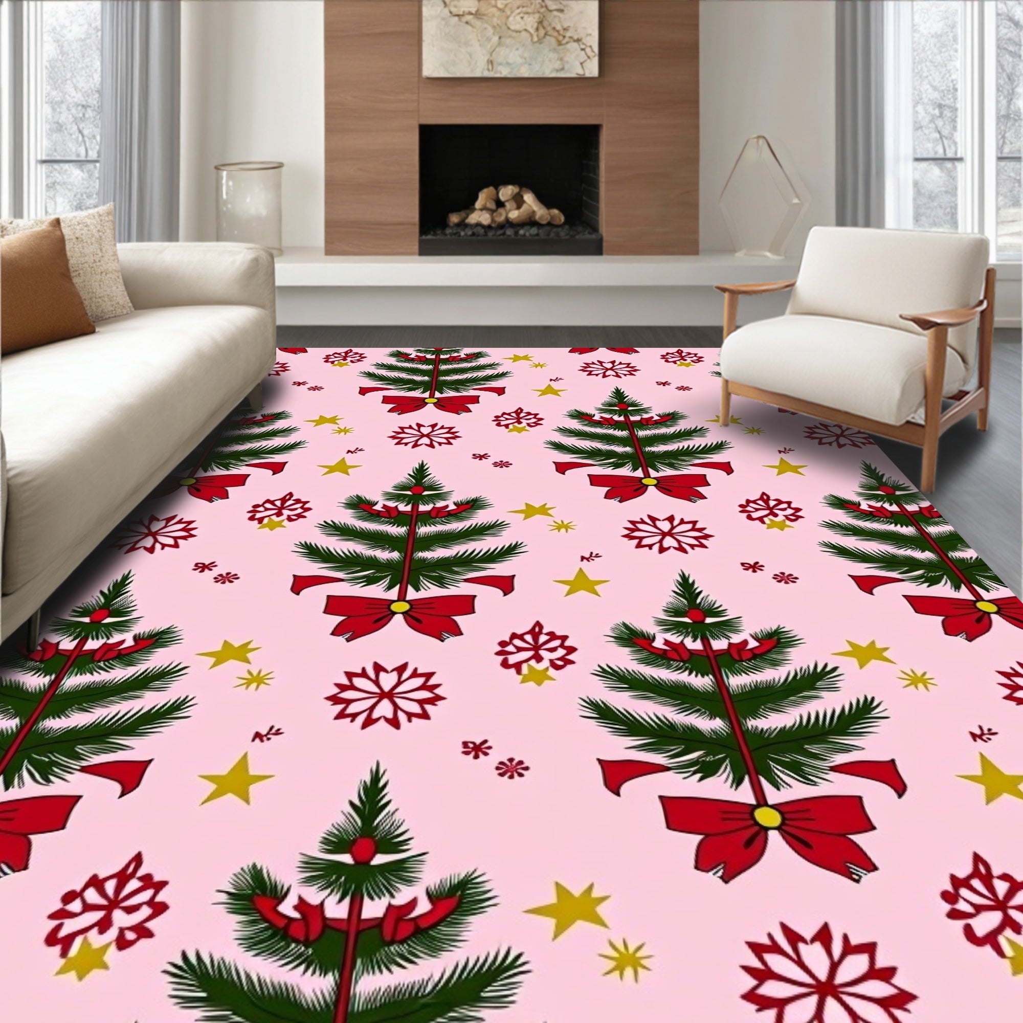 Green Christmas Trees Red Bow Snowflakes Rug