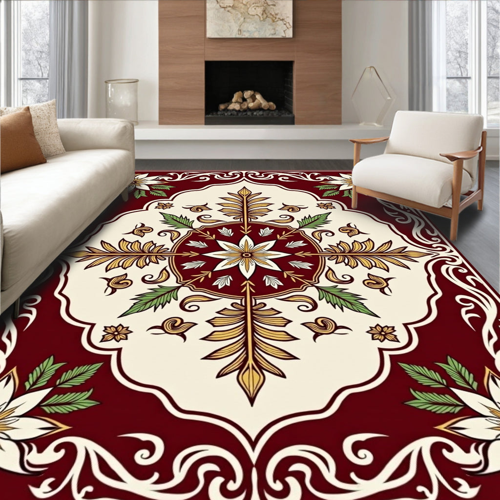 Crimson and Cream Botanical Floral Rug