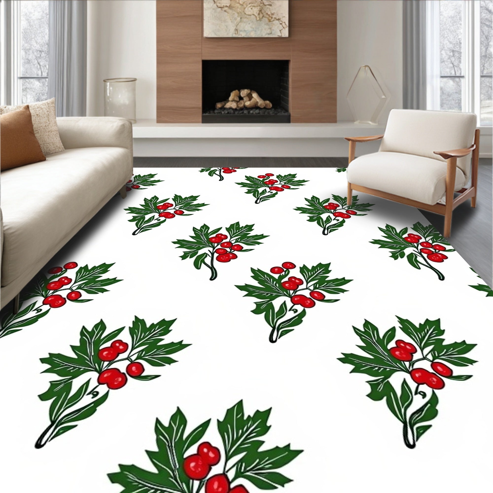 Christmas Holly Berry Sprig Repeat Rug