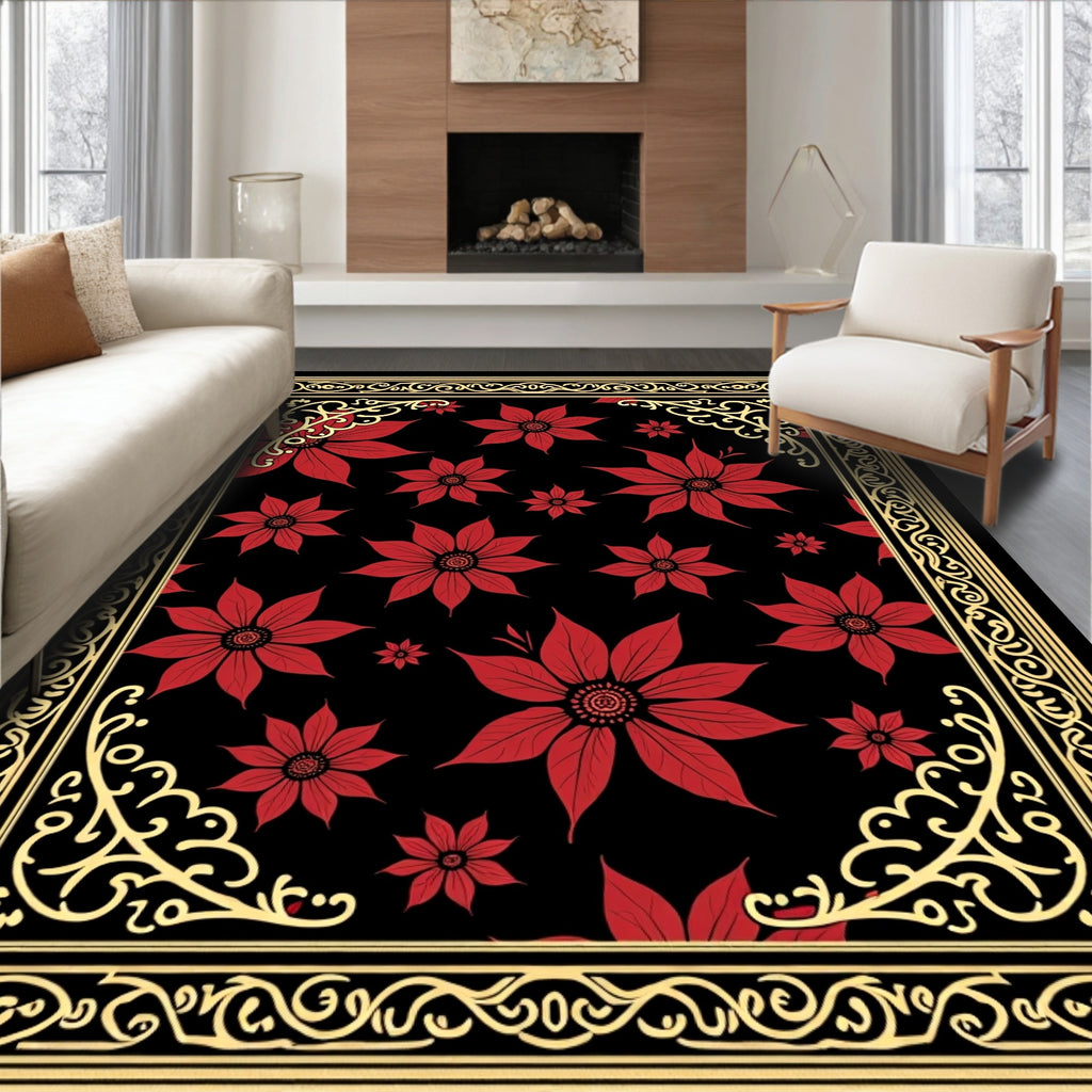 Bold Red Floral Bordered Accent Rug